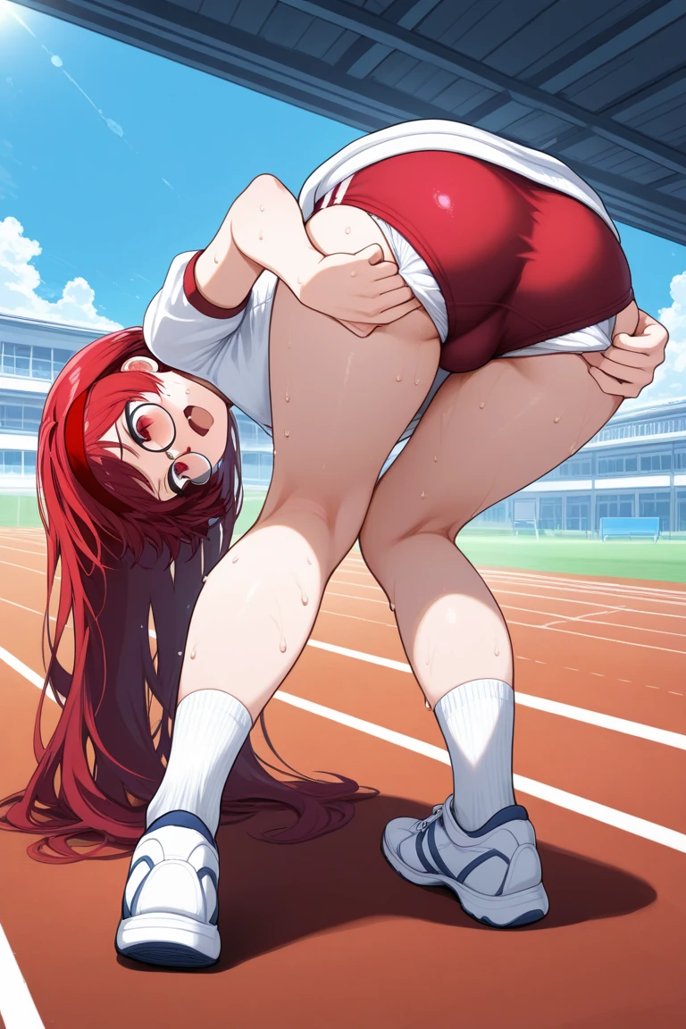 (chibi),miko kubota from glitch techs, long hair, blunt bangs, purple hair, ((loose socks, female gym uniform, long sleeves shirt, latex shorts, red buruma, white shirt,)), (standing split), (shorts aside, panties aside, swimsuit aside, leotard aside, pussy, exposed pussy, vaginal penetration, having sex, penis), looking at viewer, track and field background, ((, curvy, voluptuous, thick legs, thick thighs, wide hips, medium breasts,)),,(((1girl, solo, female focus))), anime screencap
