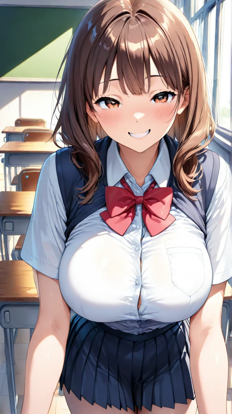 (best quality:1.4)、(High resolution)、Detailed Background、(fair face in every detail:1.4)、anatomically correct、(Draw the usual number of fingers:1.2)、(Detailed facial expressions)、fair, Smooth skin、teenage girl、(Huge breasts:1.5)、Lovely hair color、ponytail、Short cut、actual、Perfect body lines、Sitting on a chair in the classroom、highlight your breasts、Emphasize your cleavage、Show off your charming armpits、Charming big ass、Attractive thick thighs、absolute area、Charming atmosphere、excited、blush、My shirt buttons are coming off.、The buttons on my shirt are pulled too tight'About to fall off、Look at me with a shy expression、Clear short-sleeved shirt、Cowboy shooting、
(Beautiful girl in short-sleeved shirt,The shirt is so small that the buttons have fallen off,My breasts are about to burst out.:1.5)、
Choose a shorter shirt top, such as pink or mint green.、
Pair with a pleated or flared miniskirt.、
The tulle mini skirt is also Lovely.、Colored ribbons、
Wear Oxford Shoes,Make your look more perfect、Lovely,brown hair,Blue eyes,Smile