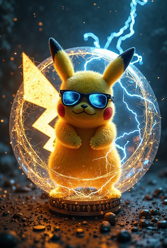 stunning photography of evil pikachu made of golden and blue and white lightning thunder trails, wearing LED sunglasses, looking at viewer, (sitting in an opened pokéball made out of mad-circuit and ral-elctrprts:1.3), dynamic pose. lthndrtrl, masterpiece, newest, absurdres, best quality, amazing quality, very aesthetic, ultra-detailed, highly detailed, newest, very awa, vivid lighting, high contrast, (black background:1.1)