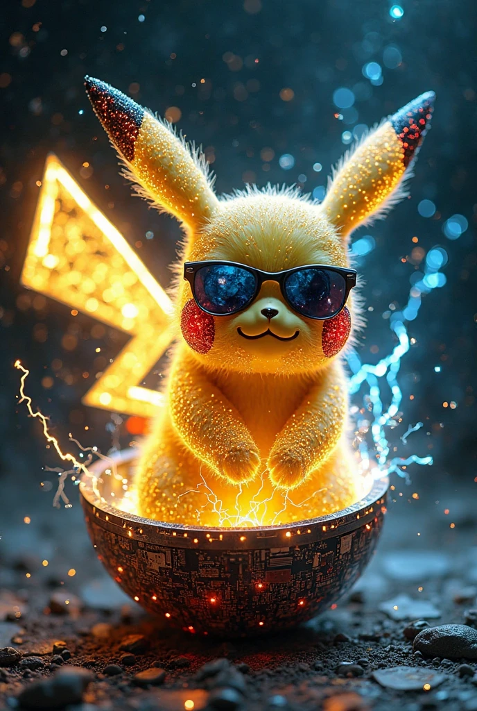 stunning photography of evil pikachu made of golden and blue and white lightning thunder trails, wearing LED sunglasses, looking at viewer, (sitting in an opened pokéball made out of mad-circuit and ral-elctrprts:1.3), dynamic pose. lthndrtrl, masterpiece, newest, absurdres, best quality, amazing quality, very aesthetic, ultra-detailed, highly detailed, newest, very awa, vivid lighting, high contrast, (black background:1.1)