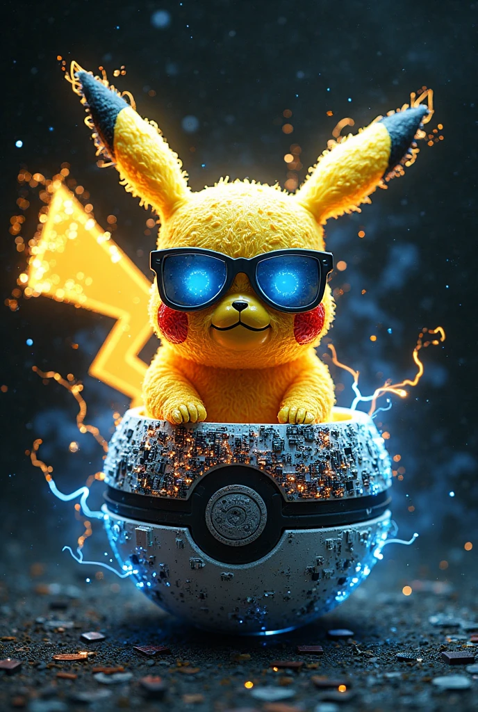 stunning photography of evil pikachu made of golden and blue and white lightning thunder trails, wearing LED sunglasses, looking at viewer, (sitting in an opened pokéball made out of mad-circuit and ral-elctrprts:1.3), dynamic pose. lthndrtrl, masterpiece, newest, absurdres, best quality, amazing quality, very aesthetic, ultra-detailed, highly detailed, newest, very awa, vivid lighting, high contrast, (black background:1.1)