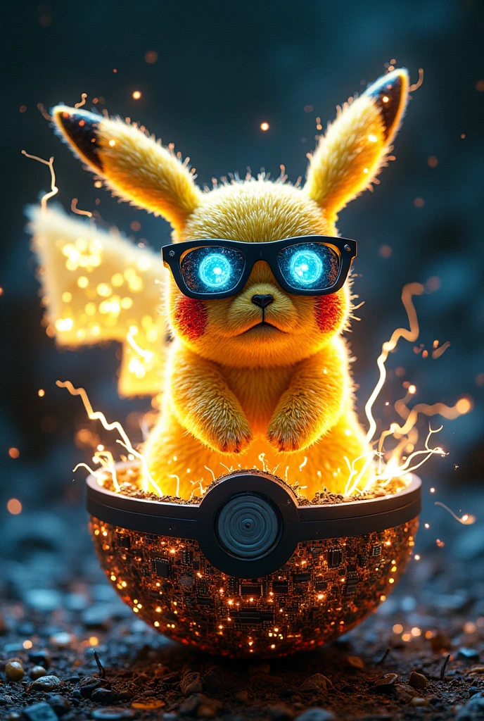 stunning photography of evil pikachu made of golden and blue and white lightning thunder trails, wearing LED sunglasses, looking at viewer, (sitting in an opened pokéball made out of mad-circuit and ral-elctrprts:1.3), dynamic pose. lthndrtrl, masterpiece, newest, absurdres, best quality, amazing quality, very aesthetic, ultra-detailed, highly detailed, newest, very awa, vivid lighting, high contrast, (black background:1.1)