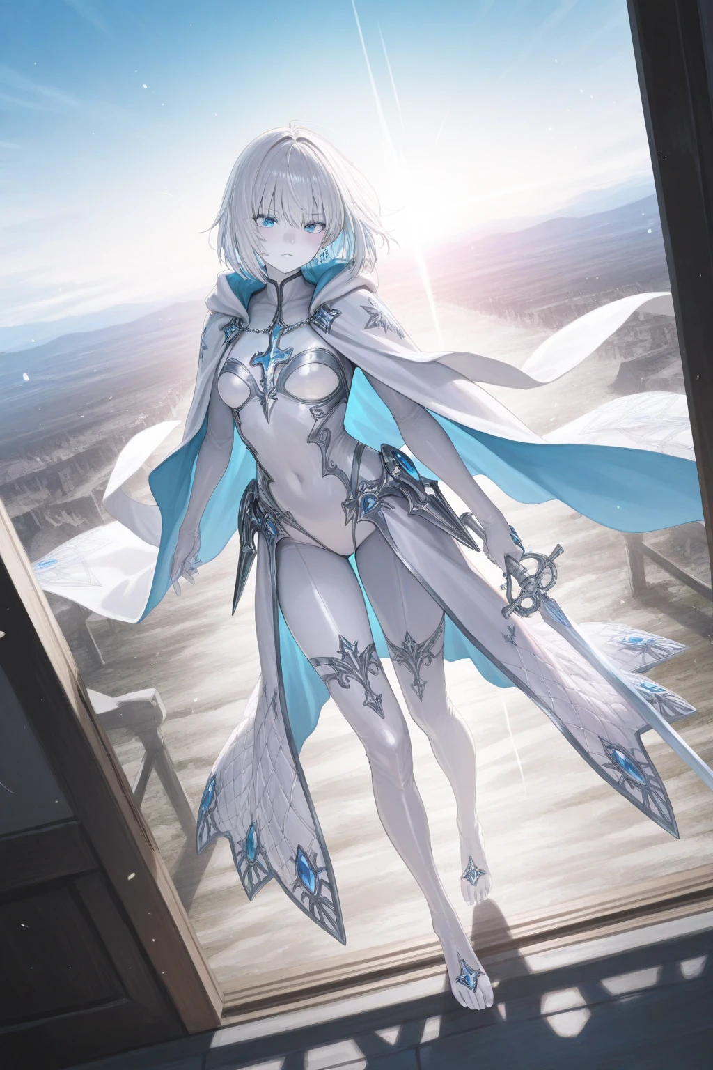 Make an anime girl, flat, delicate, short white hair and white skin. with pointed ears, silver leotard armaidra. Armor gloves attached to metal chest. Barefoot poems. 
