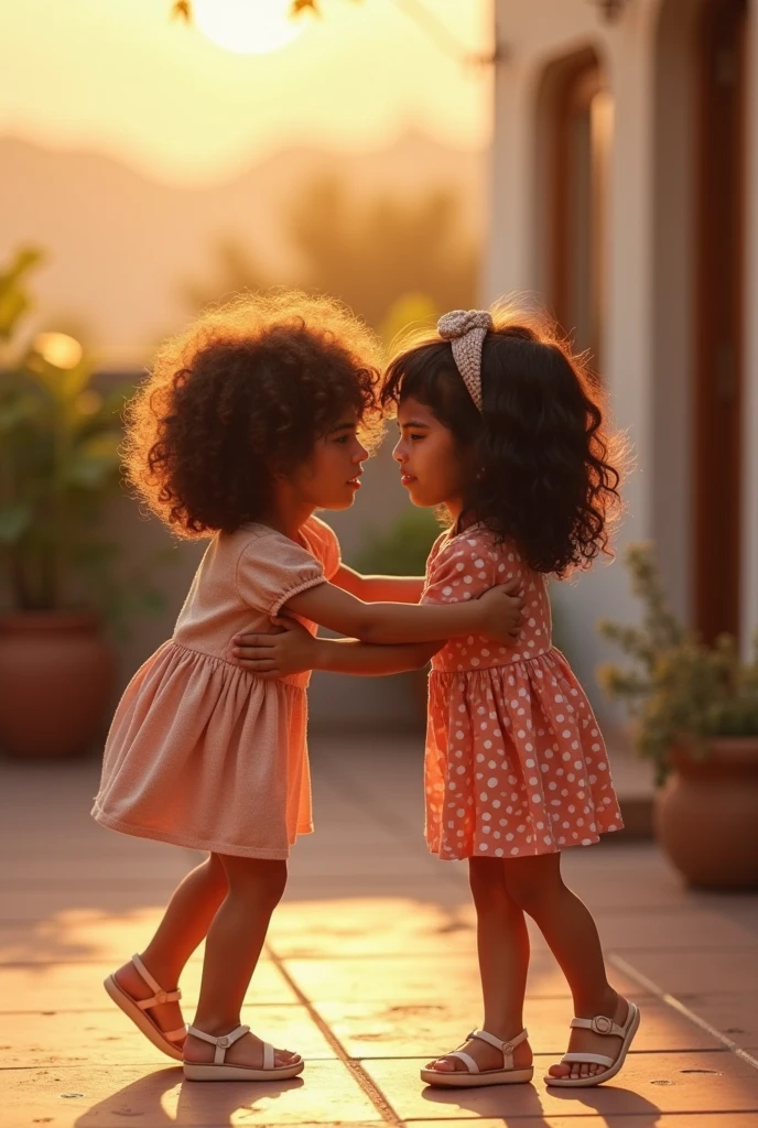 Two sisters seating with each other on the rug on the flour  ..Laughing and giggling and having fun.. the first sister is older with black curly hair and black eyes and wearing a yellow dress And The second is with straight brown hair and wearing a purple dress with black chinese eyes.. the background is pastel green with orange hearts