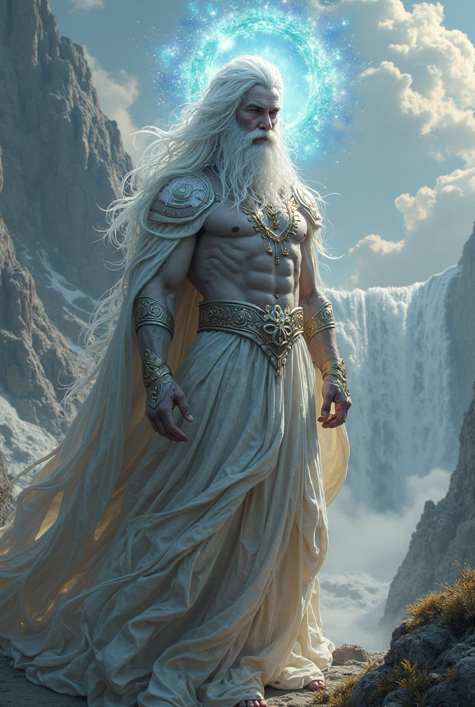 Nordic god Zeus, holding a vacuum cleaner, with soap bubble foam in the background
