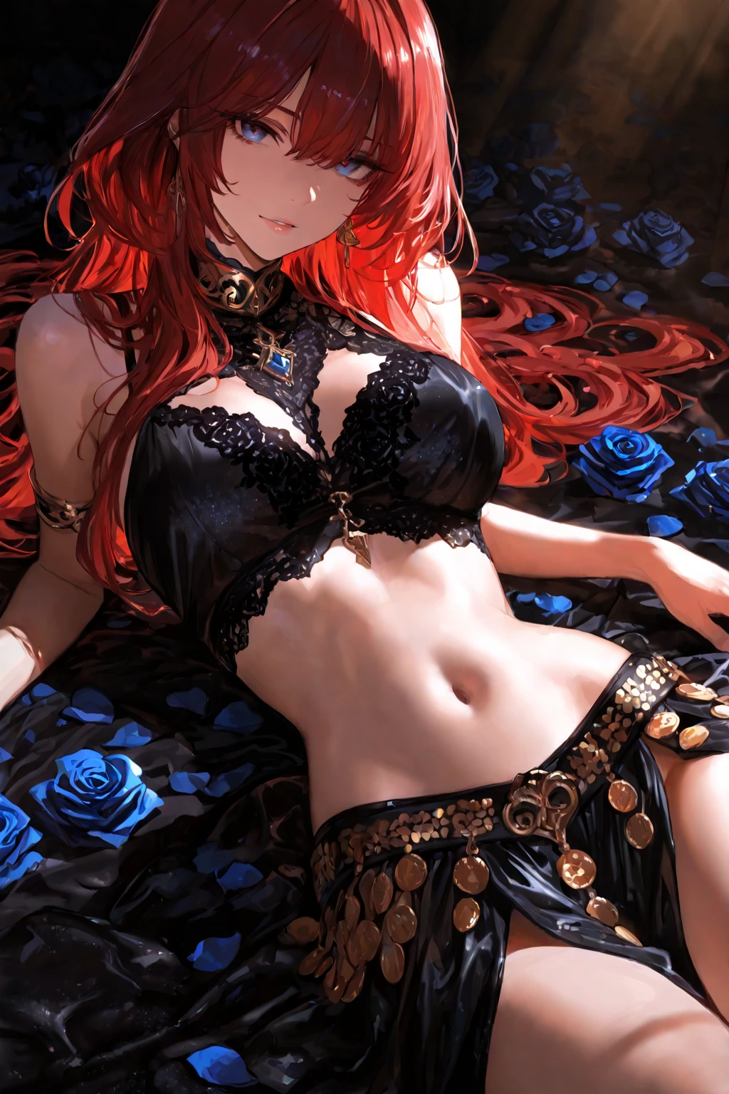 dark skin, stocking, blushed, lingerie, red hair
