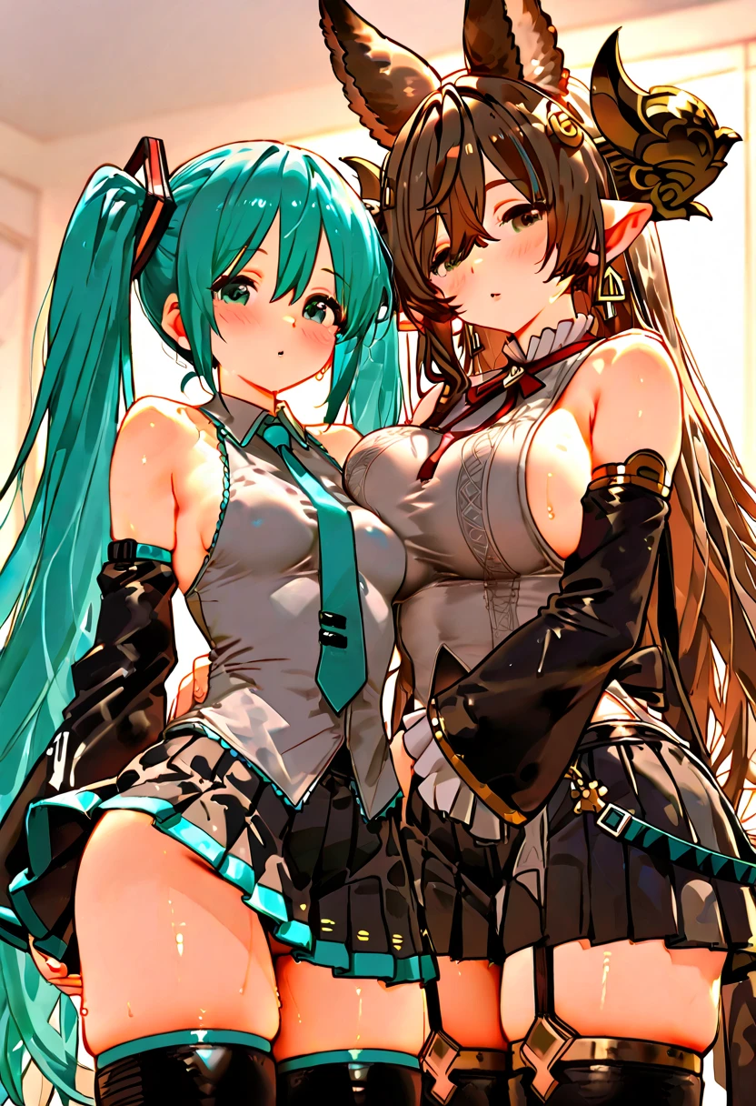 2girls, tragen Nacht Hemden, Squeeze your breasts while cuddling, (detaillierter skin), top-quality, meisterwerk