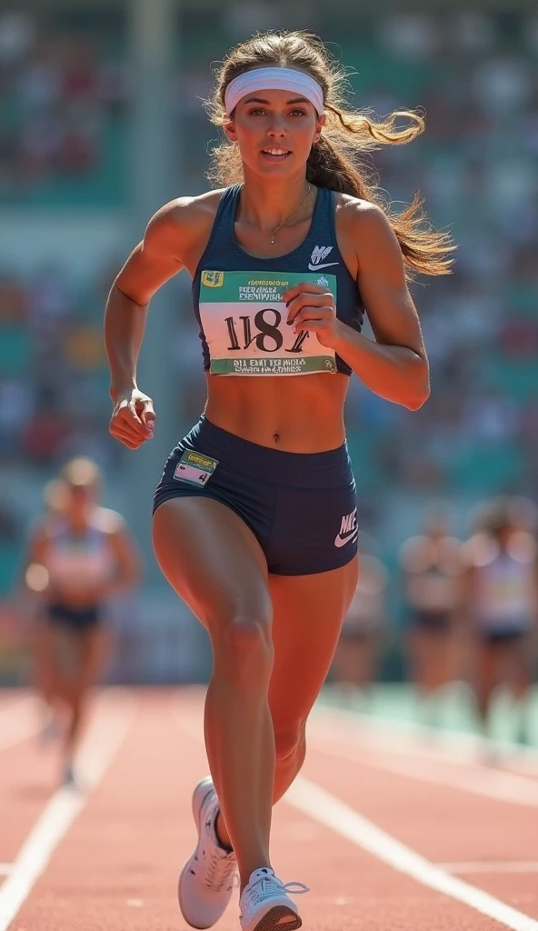 A Mediterranean woman wearing glasses of surprising beauty and perfect physique is captured on a running track. She is dressed in sports clothing suitable for running., wearing a blue top and white leggings specifically designed without any text or logos on her shirt. La pista de atletismo proporciona un fondo estructurado con carriles despejados y una superficie de colores vivos.. The lighting is bright and natural, enhancing the dynamic quality of your body and the vibrant colors of the track. This image should convey a feeling of energy., vitalidad, and the beauty of athletic performance