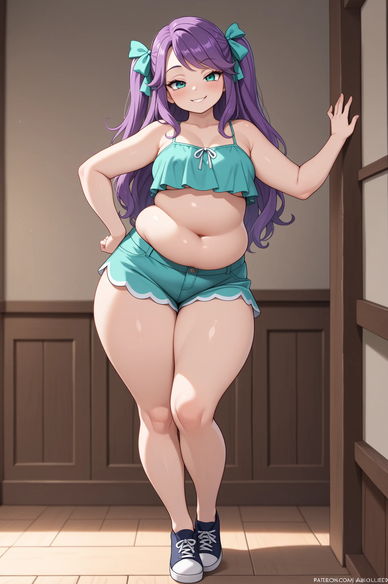 full body, standing, barefoot, thicc, very big breasts, pregnant, long hair, sport bra, very thight shorts, glasses