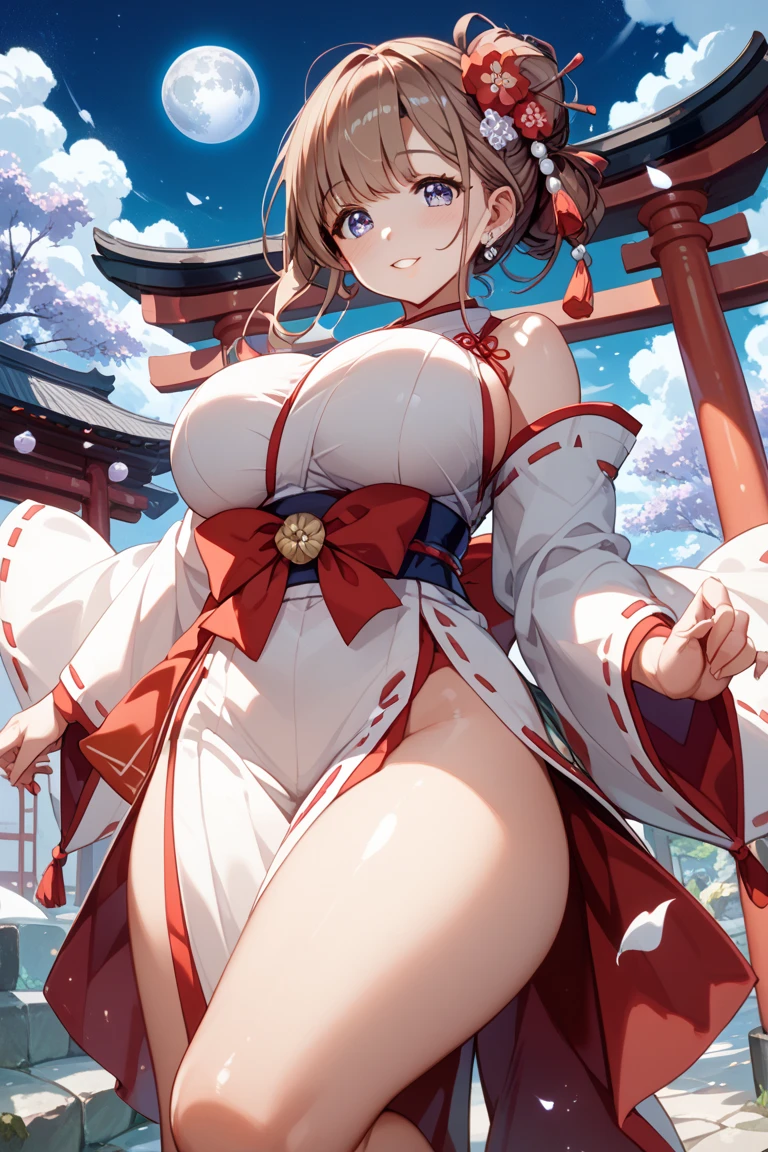 Anime illustration、highest quality、Shrine maiden、Perfect proportions、Large-scale shrine、Large Torii Gate、overwhelmingly big breasts、Very thick legs、Transistor Grammar、Beautiful, shining eyes、Cowboy Shot、smile、Noise Reduction
