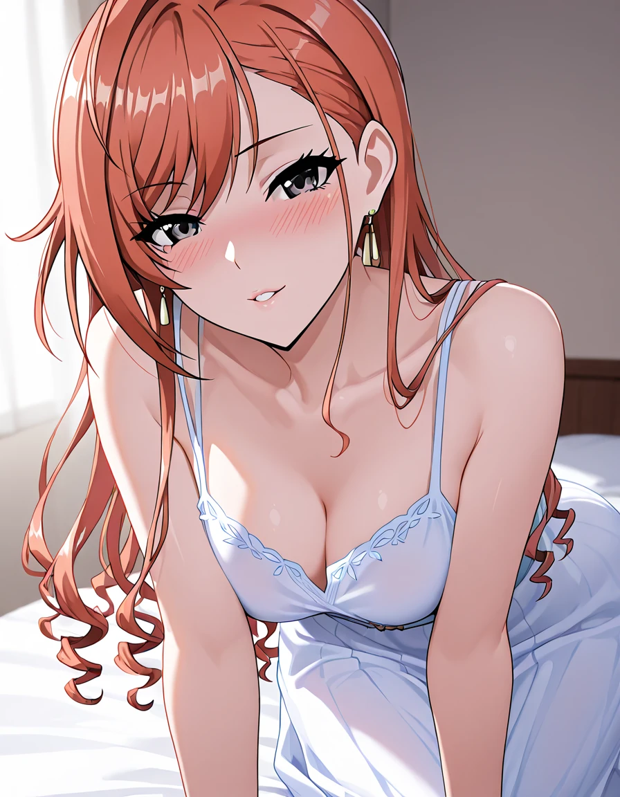 elysia, long ginger hair, beautiful face,smiling,close up upper body, moderate breast, sitting on bed, wearing beautiful white sleepwear, (open mouth:0.4),illustration,detailed textures(realists),ultra-detailed,portrait style,vivid colors,soft lighting, blushing, mature, no bras, full body, sexy, lingerie