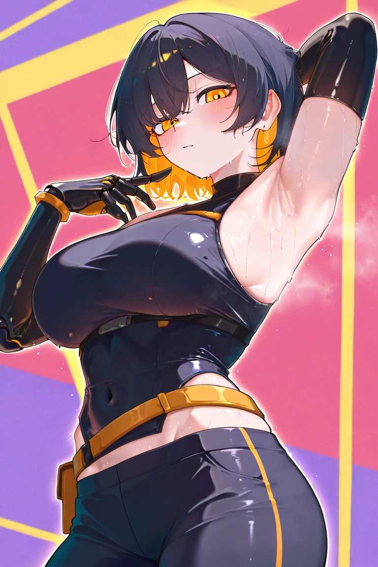 ((Best Quality)), ((Masterpiece)), (Detailed), Girl with short black hair, with straight bangs, yellow eyes, the pupils of his eyes look at your violence, tall and slender, very beautiful and feminine features, wearing shorts with long black stockings, short hair, nice breasts, with a too short miniskirt, with a scared expression, she feels alone, just woke up