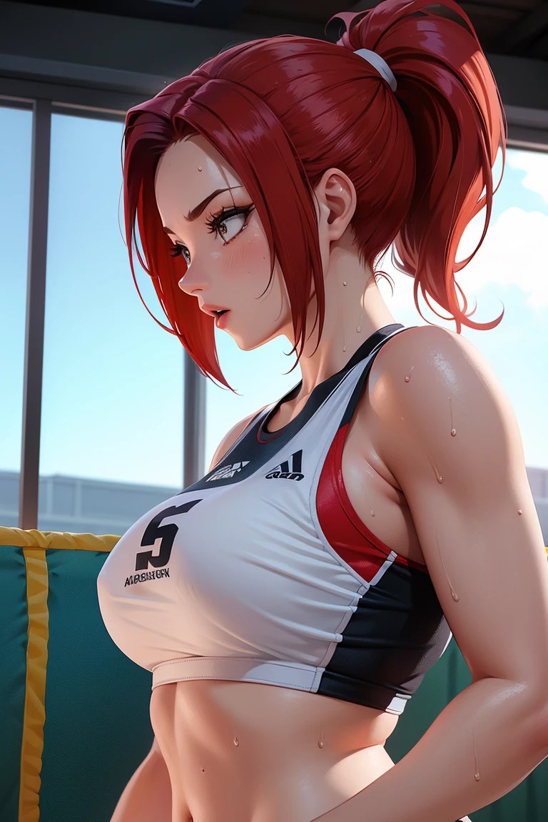 (masterpiece:1.4)、(highest quality:1.4)、ultra high resolution、beautiful features、20 year old woman、black very short hair、athletics uniforms、(huge breasts:1.2)、red face、serious expression、Sweating all over the body、arena、Large audience、stand、arms behind body、looking away
