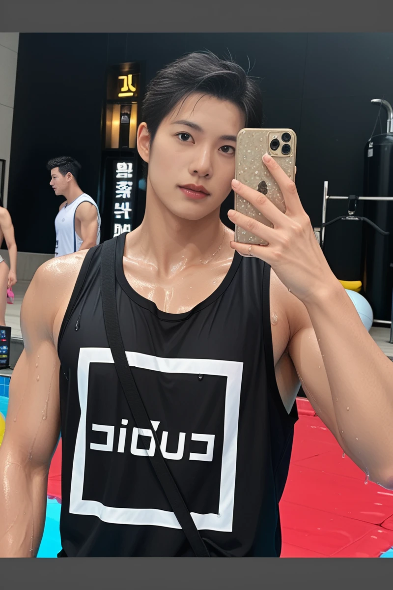 The muscle man is showing off his muscles