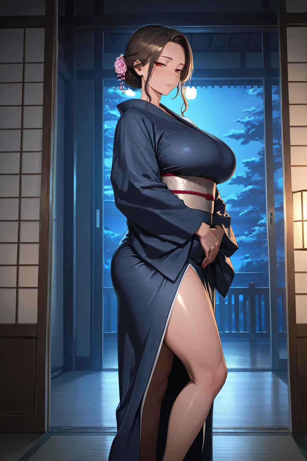 masterpiece, Highest quality, so beautiful, Absurd, Latest, One Girl, Unbuttoned kimono,chest,Pussy,Sweat,Inn changing room, alone, shout, v eyebrows, Black Hair, View your audience, ponytail, Long Hair, Kneeling, kimono, Similarly, blush,hair ornaments, bangs, Shine,Viewer&#39;s penis in front,((Blowjob)),Covered in semen