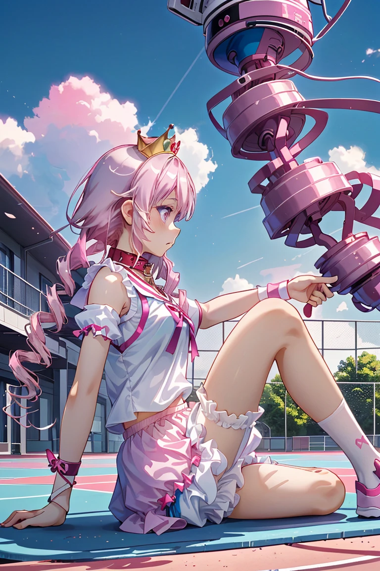 1girl, same girl in many mutliple poses, pink ponytail, messy hair, curly