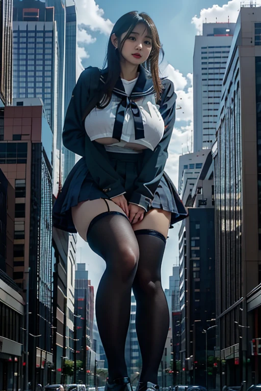 Giantの芸術, 非常に詳細なGiantショット, Giant, short hair, A high school girl who is much bigger than a skyscraper, wearing rimless glasses, big breasts, big ass, navy blazer, red tie, mini skirt, black pantyhose, pantyhose barefoot, Steam comes out from the soles of the feet, very small metropolis, miniature metropolis, crush the big city, press one's crotch against a building, full body description, GTS, ギガGiant, stomping city, crash city, small town, micro city, High resolution, highest quality, masterpiece,