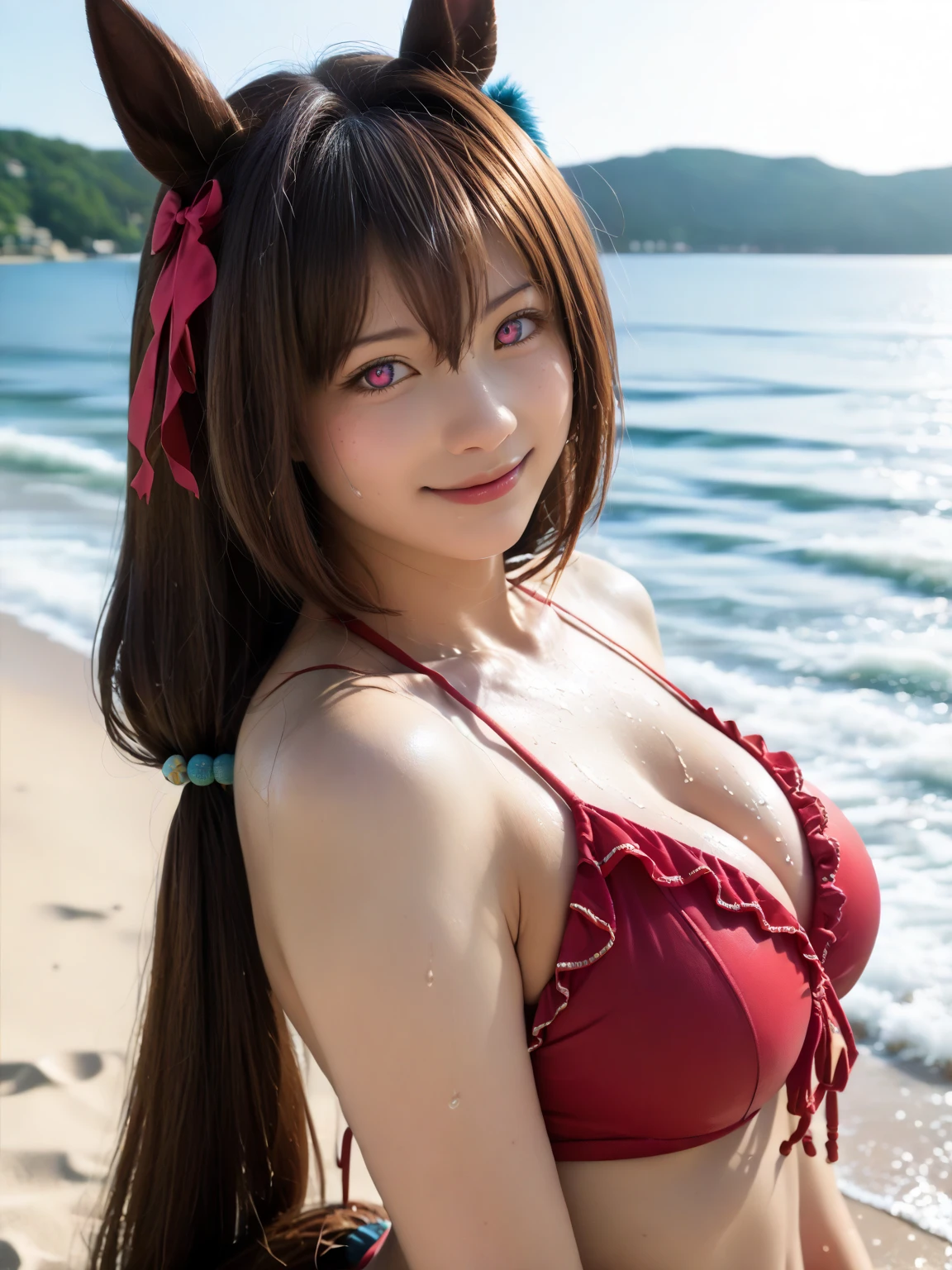 Best quality，tmasterpiece，1girll，red tinted hair，short detailed hair，eBlue eyes，shiny skins，sunflare，an award winning photograph, Wide angle photo of the beach, morningglow，Healthy body, closeup cleavage, with dynamism, Photorealistic, Realistic, Dramatic, Dark, Sharp focus, 8K，20yr old，fully body photo（top-quality，8K，tmasterpiece：1.3），Sharp focus：1.2，Beautiful Women in Perfect Figure：1.4，The abdomen is slender：1.2，（Layered Hair Style，：1.2），Large breasts 1.3，Light red floral one-piece swimsuit，（distance：1.2），Moist body：1.1，Get out of the water，Very delicate face and skin texture，Detailed eyes，二重まぶた，Raised sexy，marron marron，Real skin，Real eyebrows，Blue eyeballs，perfect proportion of body，knelt on the beach，Open your legs，Exercise posture，looking at viewert，Gaze towards the viewer