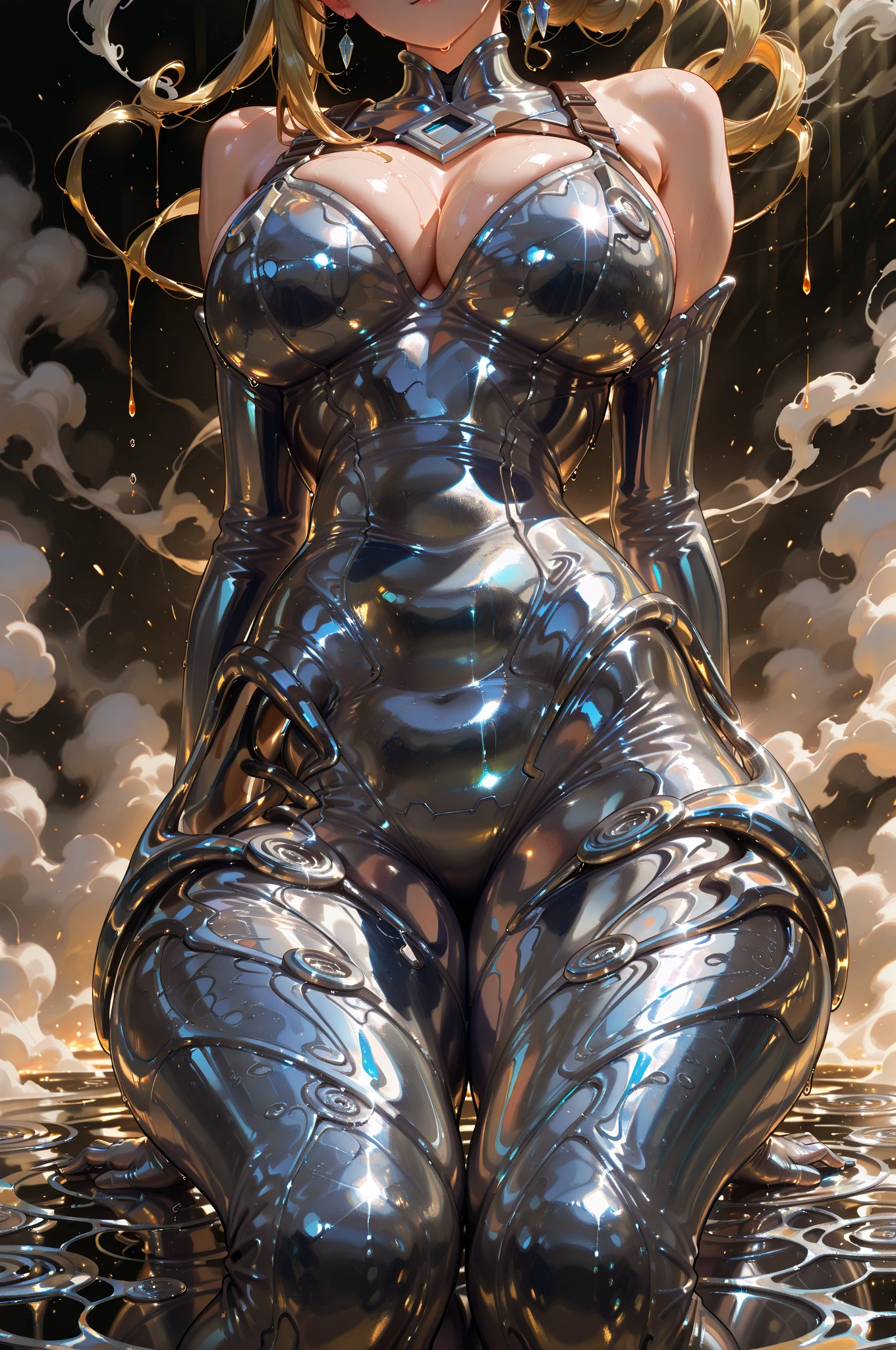 (8K, ultra high resolution, A masterpiece of the highest quality, professional detailed wallpaper, Ultimate Highly Detailed Everything, anime images, game cg),perfect human body、detailed face、 (((dripping sweat、oil skin,sparkling skin、realistic skin texture、detailed beautiful skin、shiny skin、shiny skin))) big , burst, There is a cleavage in the chest, gigantic breasts , Very perfect anatomy body parts, Very perfect、 (full shot: 1.8), Beautiful jet-black alien woman、 Black latex oily shiny full body suit、 alien tentacle-like tail