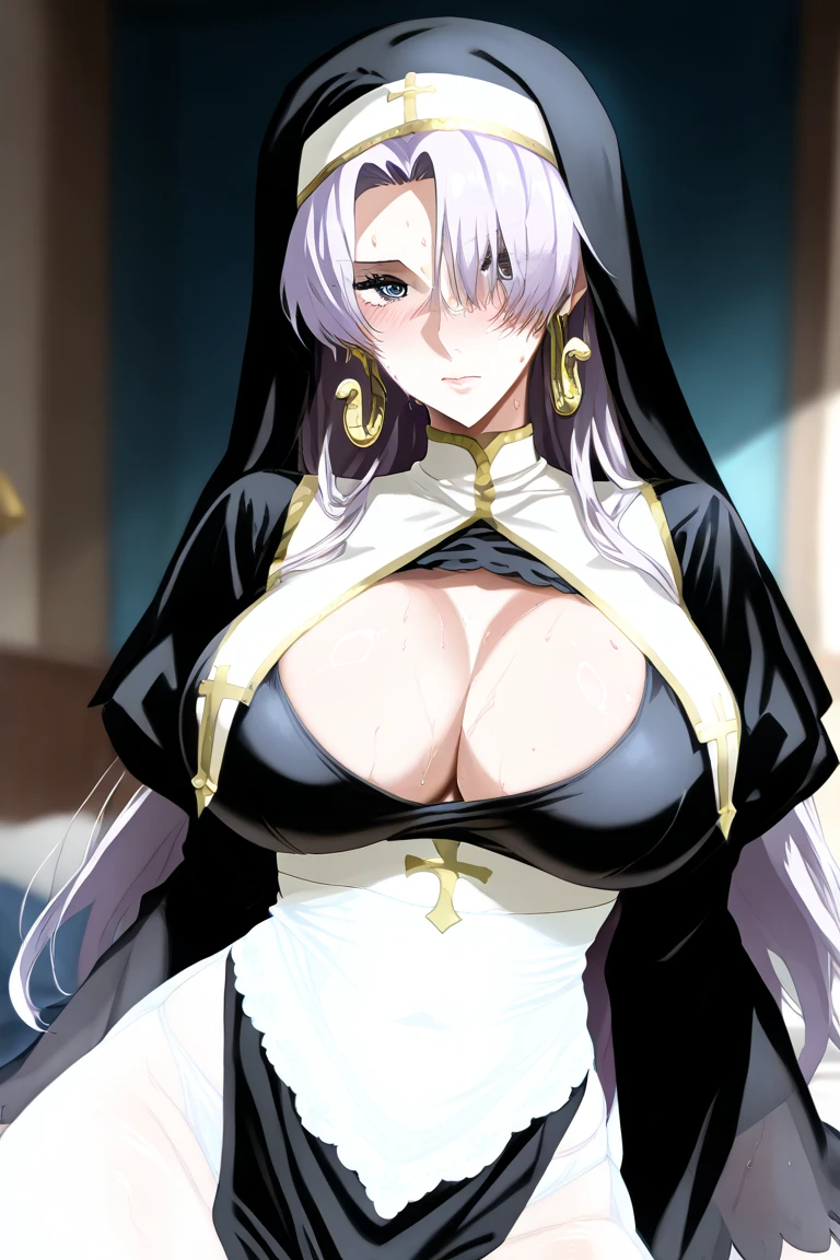 eft_juliet_white, silver hair, short hair, yellow eyes, hair over one eyes, tiara, curvy, anatomically correct, heavy breathing, mature female, best quality, masterpiece, high quality, high details, highres, HD, 1girl, breasts, dress, black_dress, blush, jewelry, thighs, bangs, necklace, cleavage, solo, bare_shoulders, large_breasts, mature, no_bra, indoors, "Photorealistic, Hyperrealistic, Hyperdetailed, analog style, soft lighting, subsurface scattering, realistic, heavy shadow, masterpiece, best quality, ultra realistic, 8k, golden ratio, Intricate, High Detail, film photography, soft focus", (shaded face:1.2), hollow eyes, yellow eyes, looking at viewer, (heavy breathing:1.2), sullen, tired, looking at viewer, glaring, nsfw, 