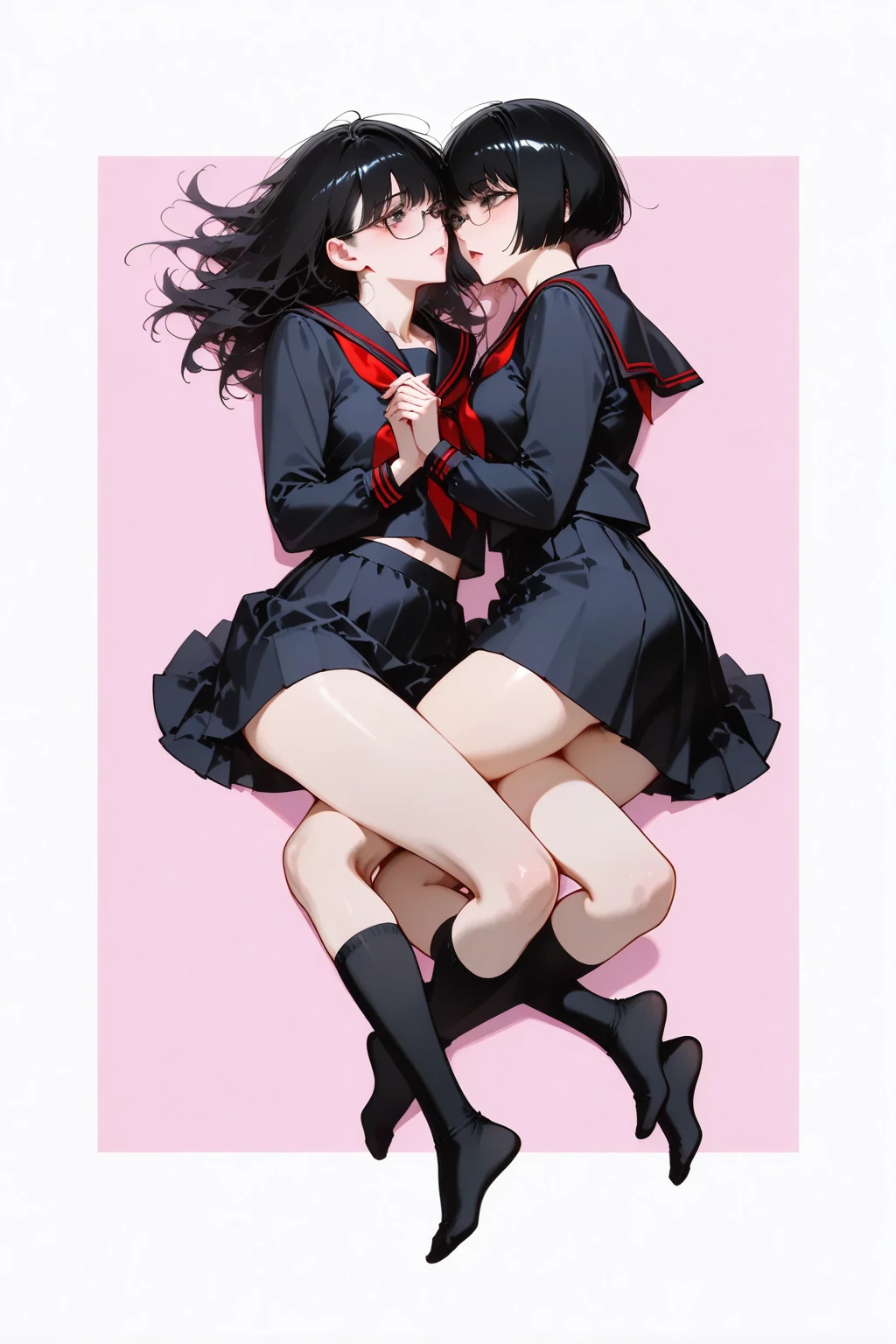 (superflat, flat shading, flat colors), masterpiece, best quality, classroom, 2girls, goth makeup, schoolgirl, loli, petite, child 10yo, black dress, lace stockings, lace panties, black classroom, kissing, hugging, sex, passion