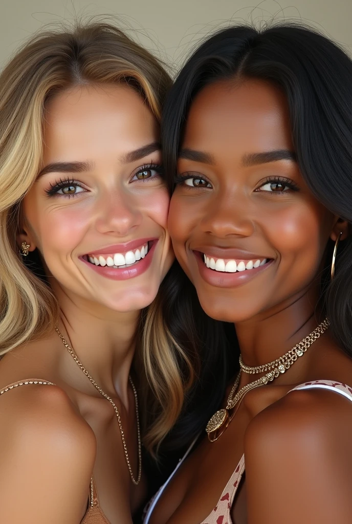 A dark blonde girl with wavy hair with her Hispanic friend with black hair and almond-shaped eyes, oval face shape, prominent cheekbones, and naturally wavy hair ,with a height of 170 cm, high resolution, work of art, best qualityer, complexdetails, highy detailed, sharpening, Detailed texture skin, Perfect eye details, Profession, 4k resolution, charming smile, shot with Canon, Depth of field, Cores Kodak Vision, extremely detaild, Fotografia Ultra-Realista, photo realist, Post-processing, Maximum details, True to life, instagram model, ensure that the model's entire body is shown