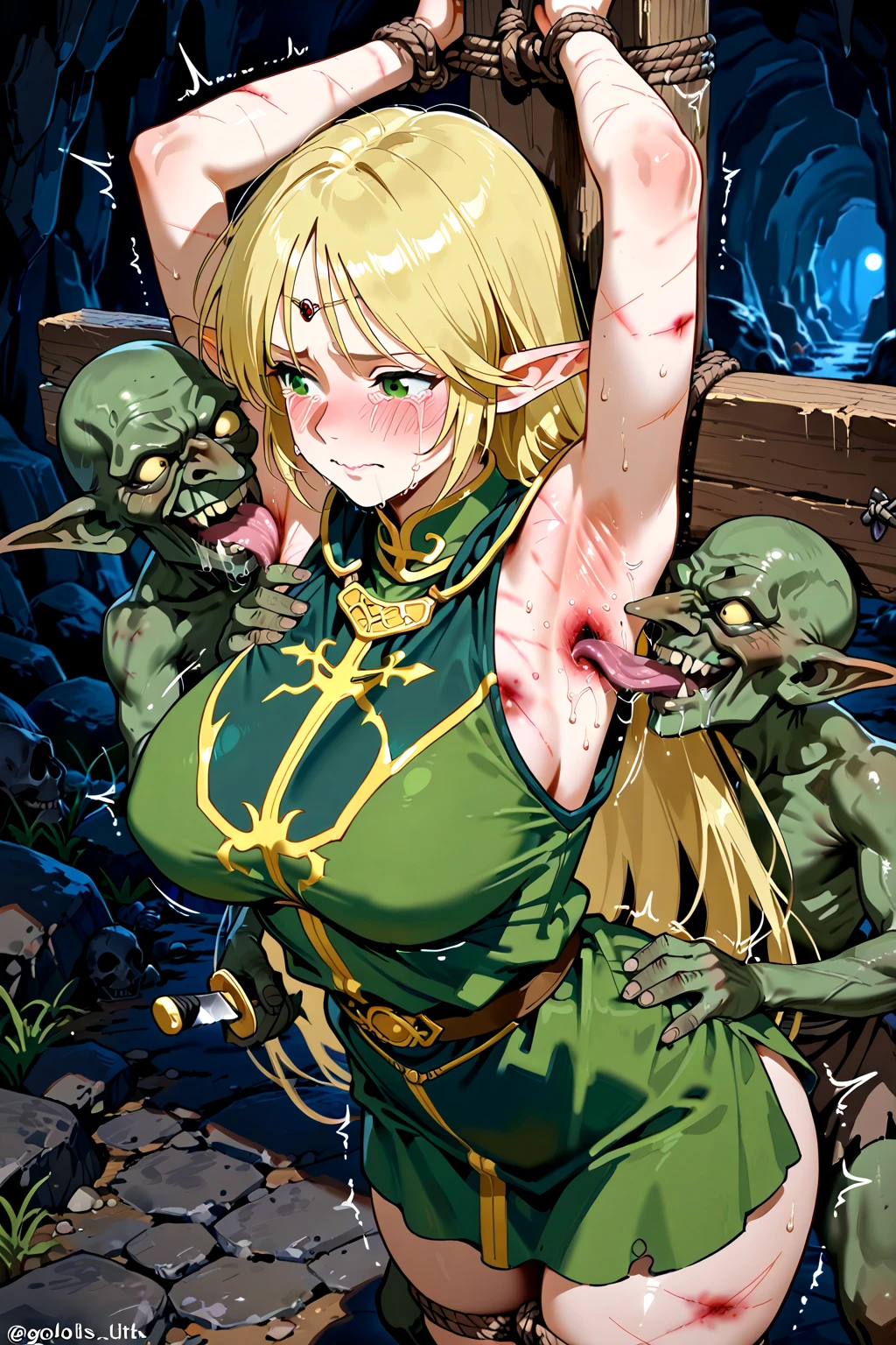 Goblin, goblin gangbang, monster, horror, glowing eyes, green skin, large penis, huge penis