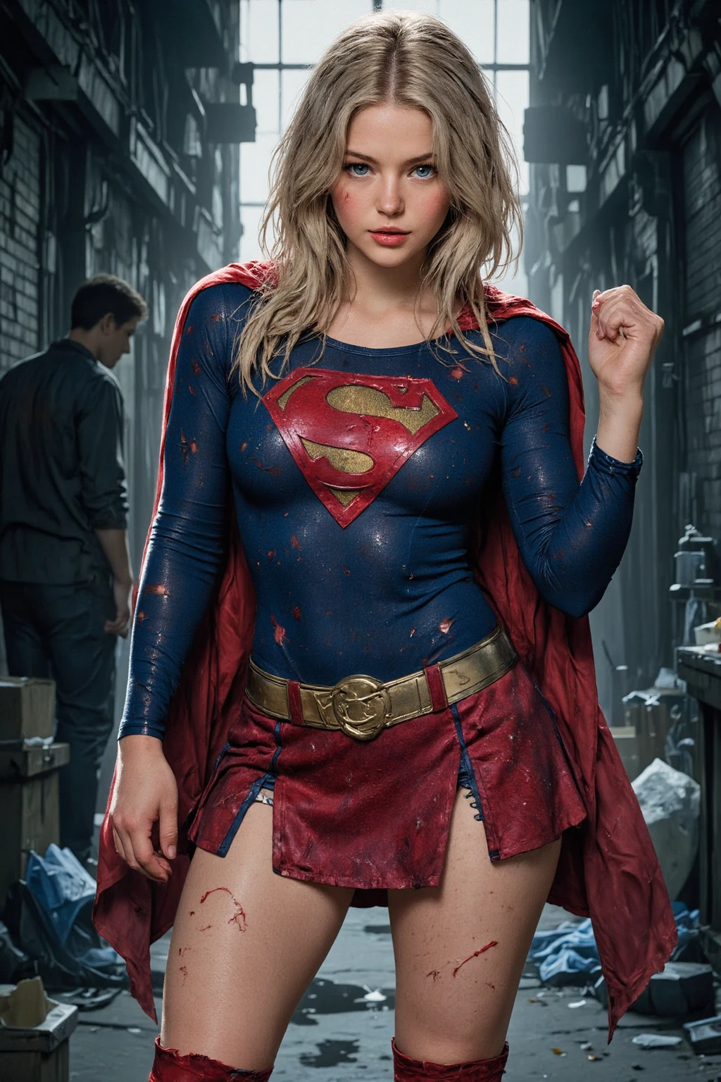 8k, best quality, real picture, intricate details, ultra-detailed, ultra highres, depth field,(photorealistic,realistic:1.2), masterpiece,photo of 1girl, supergirl, superhero, arms on hips, realistic, red cape, bodysuit, red skirt, red boots, looking back, bent over, upskirt, underbutt, ass, blue eyes, blonde hair, lips, long hair, solo, ruined city background by lee jeffries, nikon d850, film stock, photograph 4 kodak portra 400 camera f1.6 lens, rich colors, hyper realistic, lifelike texture, dramatic lighting, unreal engine, trending on artstation, cinestill 800