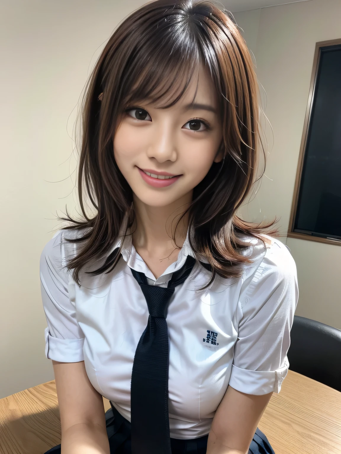 One Girl, (School classroom、服の上からでもわかるVery large breasts、School white summer shirt、school summer uniform、Beautiful girl, Delicate girl:1.3), (24-years-old:1.3),(Smiling with teeth showing、Cute smiling eyes、Cute loose perm、Braid only the bangs、Fluffy hair、Medium Short Hair、Wrapping a leather belt、Wear a checked miniskirt、Round and ample breasts、Curved waist、Photo from the waist up:1.4)
Very beautiful eyes, (School uniforms:1.3), (Very large breasts:0.5), Brown eyes, Parted bangs, Light brown hair,
, A face of ecstasy、(The expression of ecstasy、A face of ecstasy:1.0),
, (masterpiece, Highest quality, Super detailed, Detailed face, 8k)