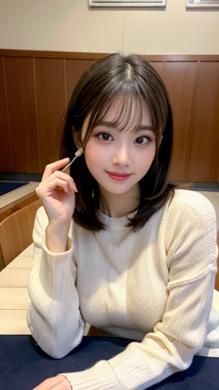 table top, highest quality, shape, Super detailed, finely, High resolution, 8k wallpaper, perfect dynamic composition shape, beautiful and detailed eyes, women winter fashion,small breasts natural color lip,smile,Harajuku、20 year old girl、cute、sexy shot looking at camera