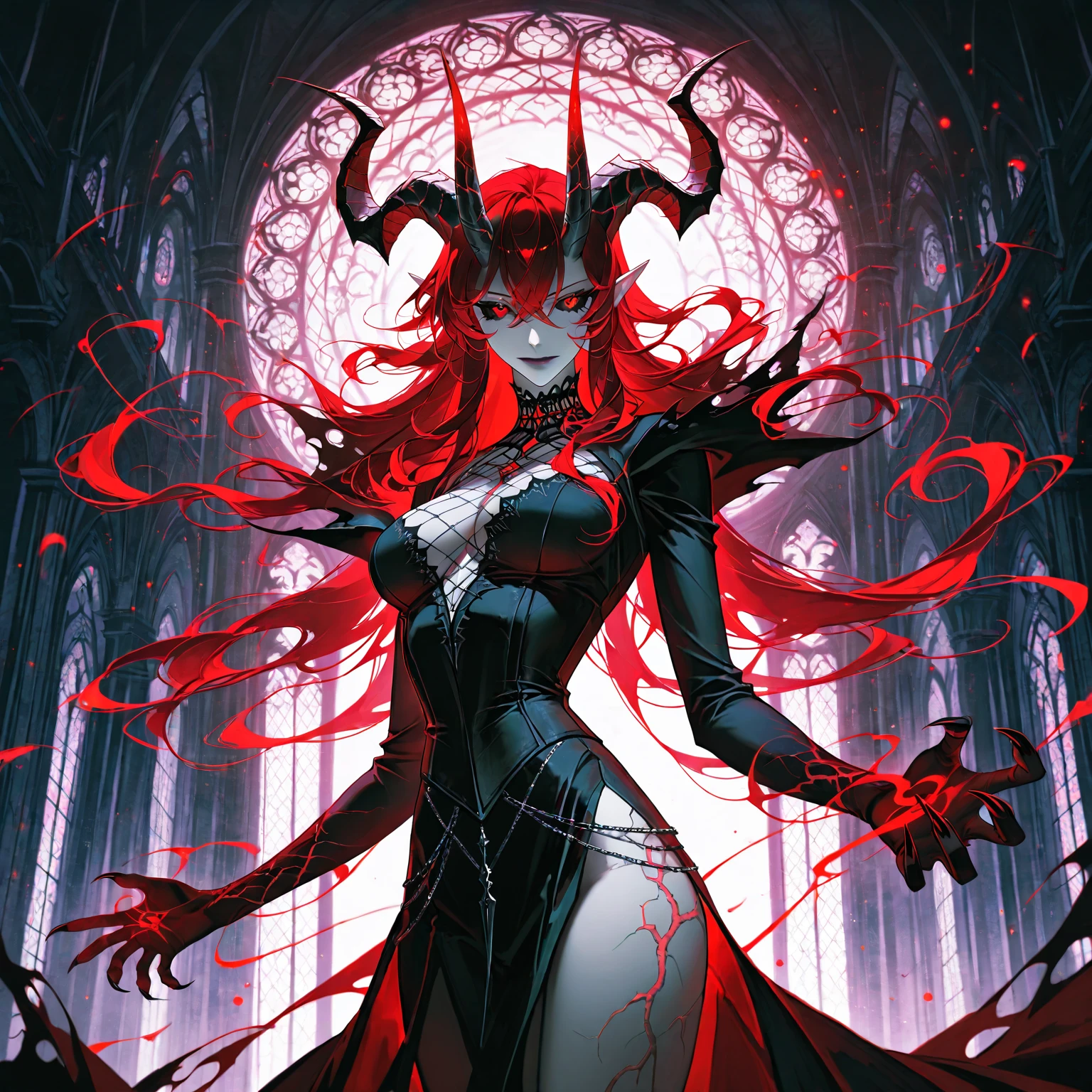 1 girl, (pale skin), ((red eyes)),((fangs)), ((Devil horns on head)), ((devil tail)), (((skin tight body suit))), gothic cathedral background, (red long straight hair), ((wearing black lipstick)), ultrasharp, 8K, masterpiece, (high res)