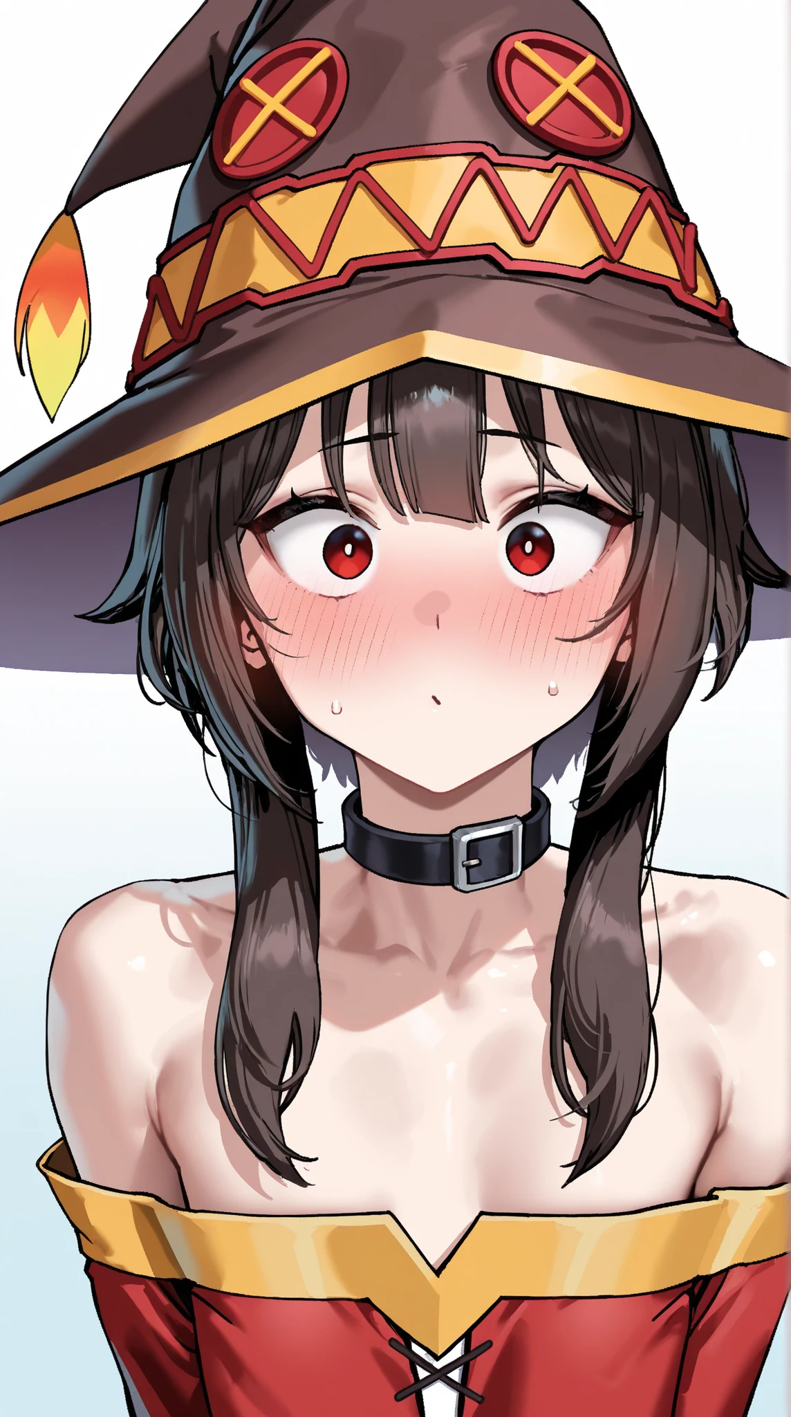crisp breasts,1girll,((cleavage)), ((blushing)), brown hair, (((blush))), cleavage, (((((small breasts))))), belt, long sleeves, sweat, short hair, ((witch hat)), red eyes, strongly embarrassed, ((no panties)), nsfw, hairy pussy, naked, horny, Doggystyle, fuck by a man, sex from behind, missionary sex