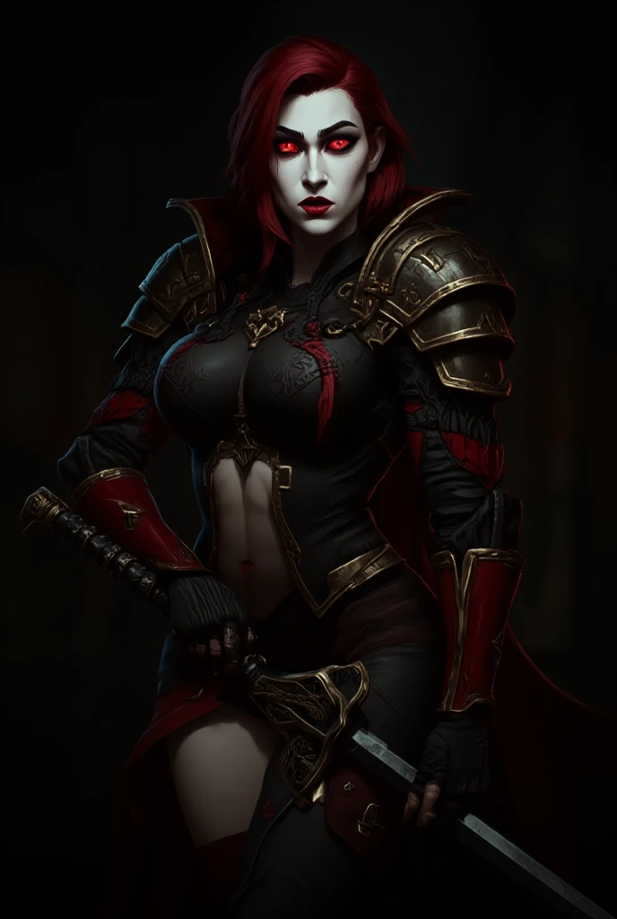 monochrome, red hair, red lips, red eyes, blood, holding bloody weapon, fighting stance, action, 1girl, mature female, medium breasts, ornate clothes, breastless clothes, nipples, nsfw, horror \(theme\), architecture, brutalism