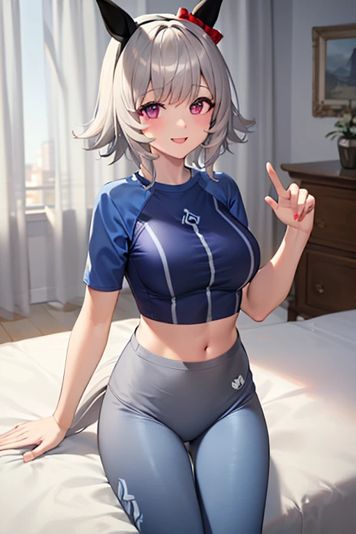 Blonde hair, short mash hair, turquoise eyes,A girl with impressive blonde hair、hair ornaments、short bob、hot pants、smile、dynamic pose, Pink bondage suit, mocking smile
