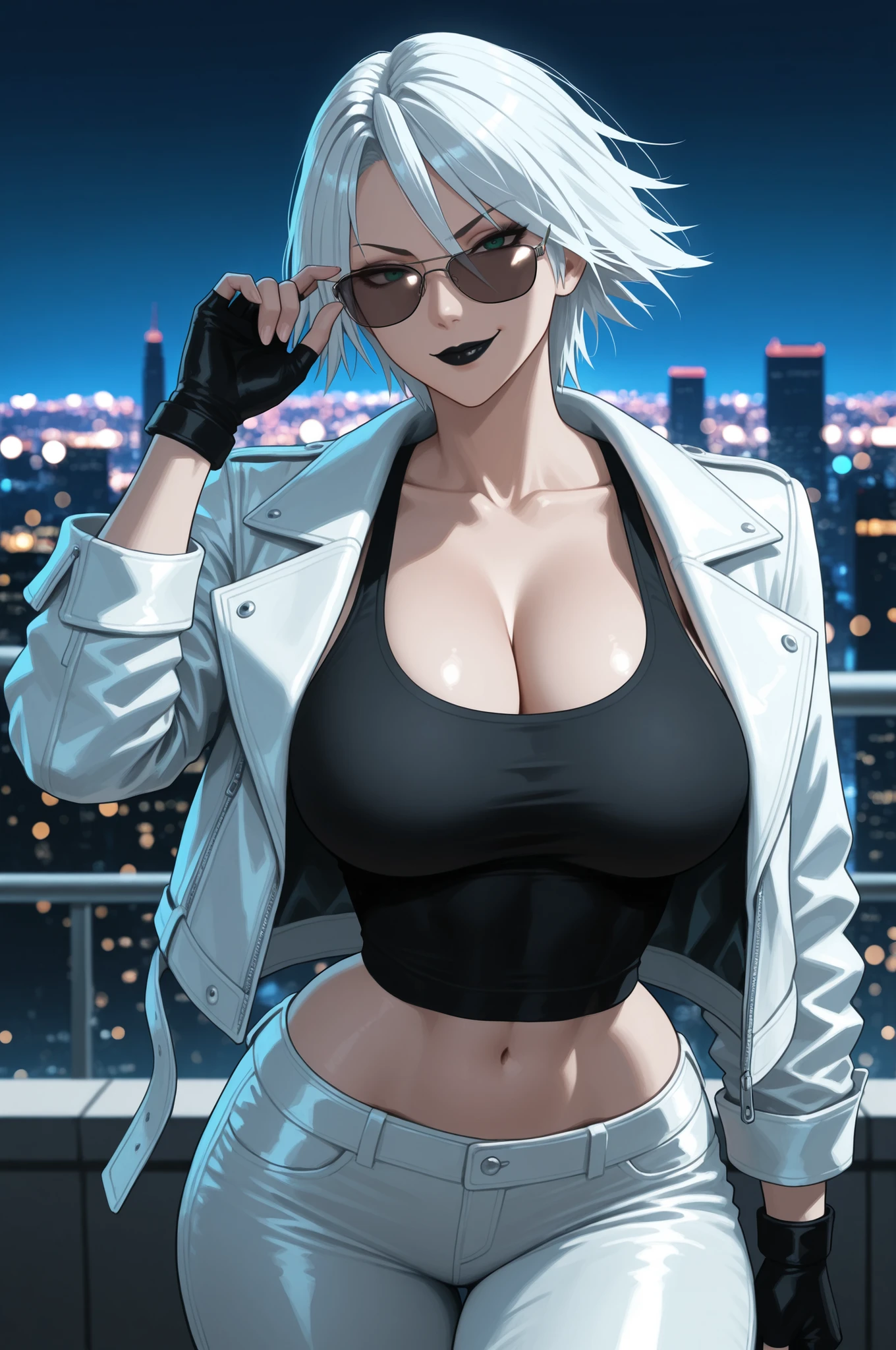 (Highly quality, masterpiece, detailed), city detailed scenario, city detailed background, 20 years old girl, solo, SilverSable_aiwaifu, 1girl, short hair, belt , sleeves rolled up, jewelry, Sliver Hair, blue eyes, coat, white coat, open coat, Cleavage, sliver pants, leather pants, Sliver top, leather top, crop top, Abdomen, Navel, beautiful eyes, perfect eyes, looking at the viewer, Sexy pose