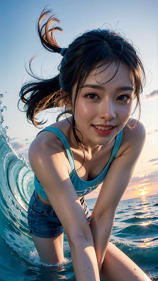 Ass, gals, (shiny oiled skin:1.2), Smiling, on summer beach, Sunshine, splash water, Colorful water droplets,  Multicolored clouds, sony a7, Film grain, Cinematic lighting, Photorealistic, 32K, diffuse reflection, colorful shiny particles, Lens Flare, Soft lighting