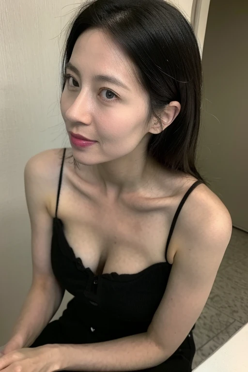 black hair, has earrings、skin is smooth、shows her cleavage.、sitting on the bed、smile、Female genitalia are visible, smiling, selfie, hdr, maximum details, beautiful details, medium breasts,