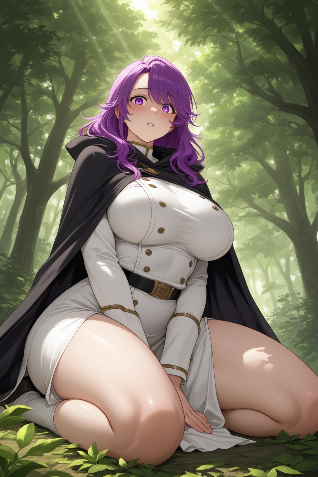 ((1 woman in medieval armor)),((huge breasts, with a saying on her pussy)),((in a forest)),((slutty look, ashamed face)),((with lots of bubian hair) ),((purple hair with sex, with one eye closed, one black eye)),((facing the viewer, with legs open gushing piss from her pussy)), with a sword on her back)),
