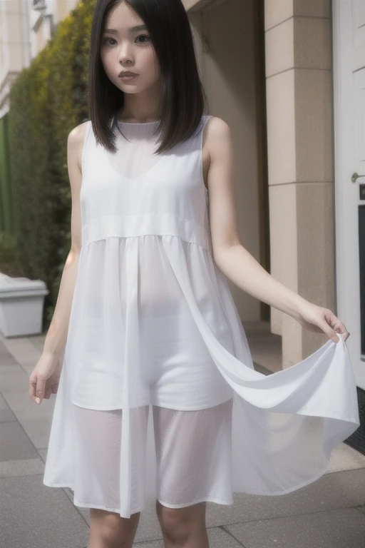 A Japanese Lady, look at viewr, ((very Short hair)), ((skinny:1.3)), 27-years old . day, Outdoors, Post-apocalypse, Ruins,, full body, ((see-through white t-shirt):1.2),