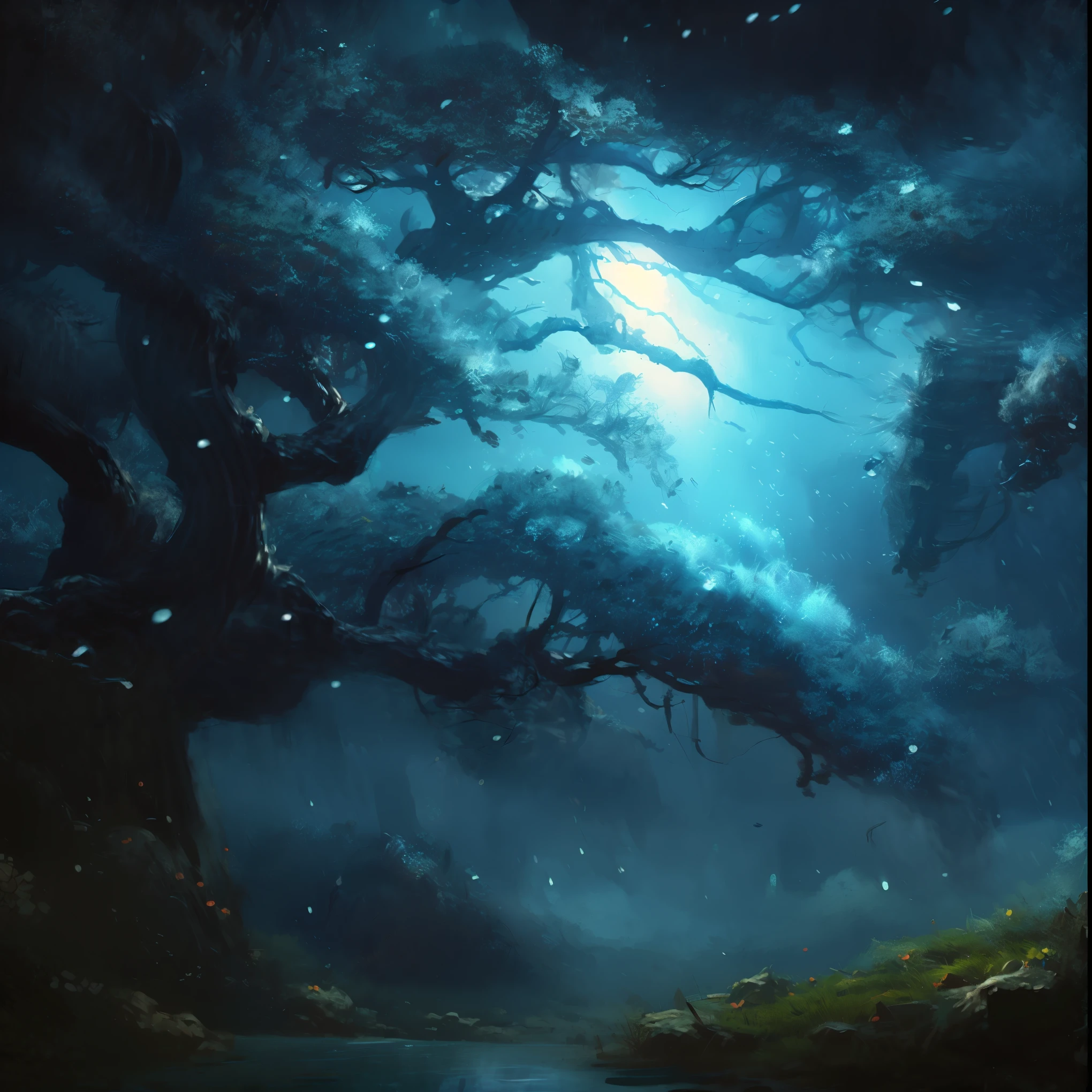 (masterpiece, best quality, ultra-detailed, award-winning concept art), a breathtaking, cinematic fantasy scene of a secluded magical lake deep in the forest. The water glows with a soft ethereal blue hue, reflecting the starlit sky above. Vines hang gently from twisted ancient trees, and the mossy green grass surrounds the shore like a soft natural carpet. Bioluminescent flowers and glowing mushrooms dot the edges. A dreamy, enchanted evening night atmosphere fills the scene with soft blue twilight, twinkling magical particles drifting in the air. (colored volumetric lighting, rim light, under lighting) create an intimate and mystical mood. Painterly brushstroke texture and digital art finesse, with atmospheric depth, layered forest canopy, and fae-like ambiance. (zoom lens depth of field, pro cinematic composition, fantasy world). Light FX, soft glows, enchanted sparkles, magical stillness. Concept art style inspired by (Polyfjord, Unreal Engine 5, Ghibli painterly, Arcane, D&D book covers)
