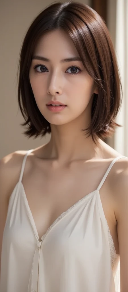 ((Best picture quality, 8K, tmasterpiece:1.3)), 1girll, Beautiful woman with slender abs:1.3, (Casual hairstyle, :1.2), Pink low-cut bra,Super large,The skin is very white,Ultra-fine face, A detailed eye, 二重まぶた,ssmile。Take pictures in cute poses,The figure is very bad,tiny small waist,Super big breasts,Close-up,Close-up chest,White-skinned,The background is casual,Close-up Shot Shot