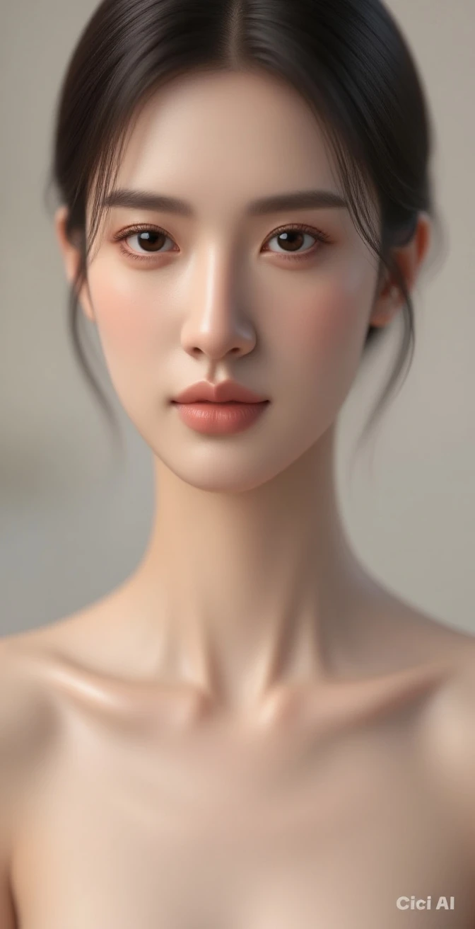 ((masterpiece, top quality, high definition)), 1 girl, (photorealistic: 1.4), solo, white background, snow-white background, mouth closed, happy smile, happy smile, pretty black hair, short hair, big eyes, clear double eyelids, eyelashes, ears out, long neck, long neck, absolute area, ((from above)), (drawing all head, shoulders), 19 years old, Attractive proportions, shiny skin, clean collarbone, golden ratio face, perfect face, teardrop mole, mole on chest, bangs, clean bangs, lip gloss, thin lips, pale skin, naked, big breasts, small face, small face, draw all head, draw all shoulders, from side