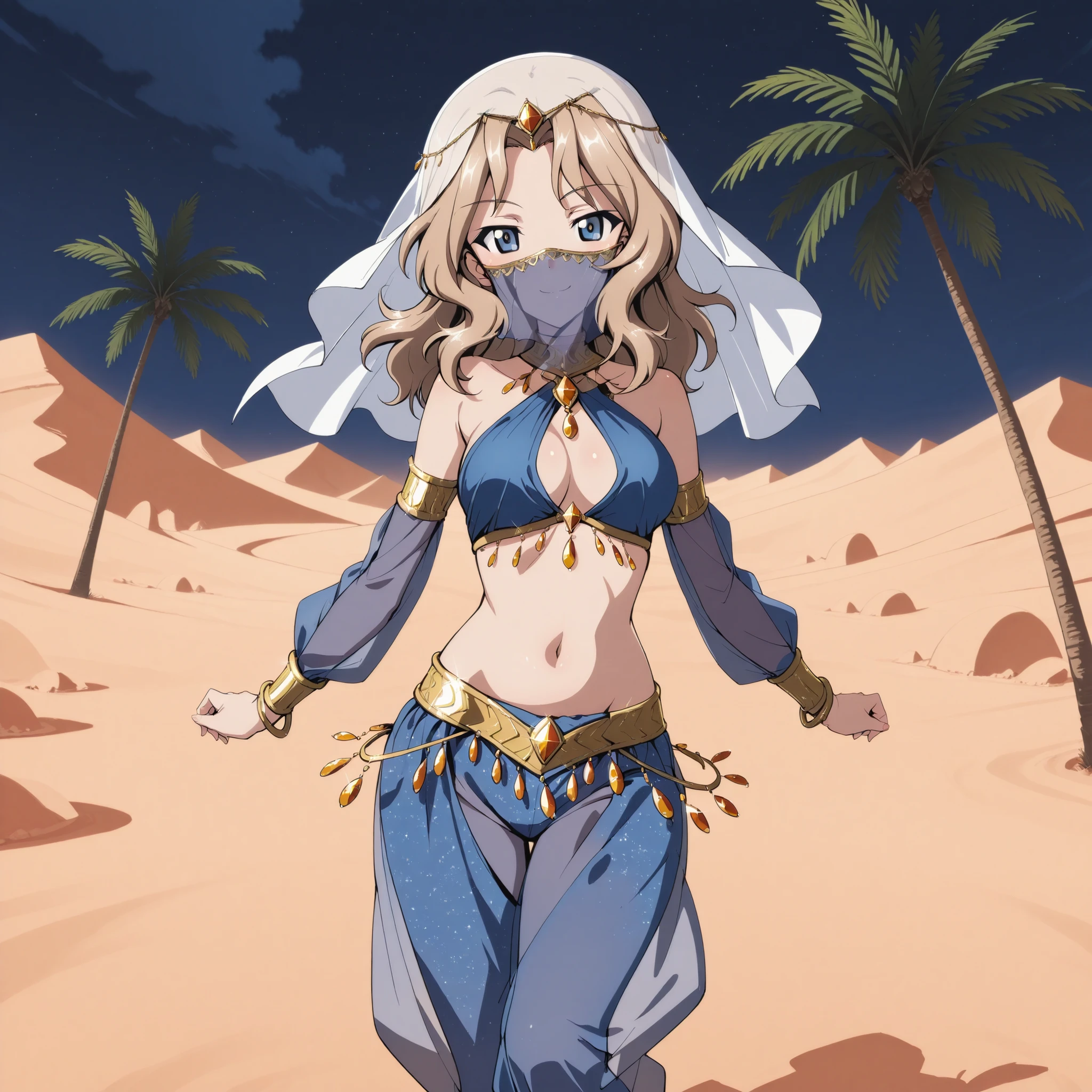1girl:1 . 5) , (Seul:1 . 5) , score_9 , score_8_haut , score_7_haut , source_anime , Official work , ultra-detailed , masterpiece , best quality plaid shorts , high res , beaux yeux , detailed eyes , Detailed Face , beautiful detailed eyes ,Girls Und Panzer,Kay, Arabian Clothes , Arabian Dancer ,belly dancer costume , face veil, veil , golden jewelery,harem outfit, harem skirt, harem pants, transparent pants, belly dancing, harem veil , night,desert landscapse, palm tree , seductive smile, dancing with veil, dynamic movement, seductive pose