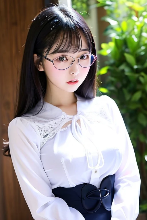 High resolution, Highest quality,  super high quality, Very detailed, 8k、Embarrassing、Sweaty、Sweat、Embarrassing、(masterpiece:1.2, Highest quality), (Realistic, photoRealistic:1.4), Beautiful illustrations, (Natural Side Lighting, Cinema Lighting), View your audience, whole body, 1 girl, Japanese, high school girl, Perfect Face, Cute and symmetrical face, Glowing Skin, Baby Face, (Black Hair), Hair between the eyes, black eye, Big eyes, Droopy eyes, (Center of chest, Captivating thighs, Big Ass)、(Glasses:1.2)、Play sports frequently、Tight 