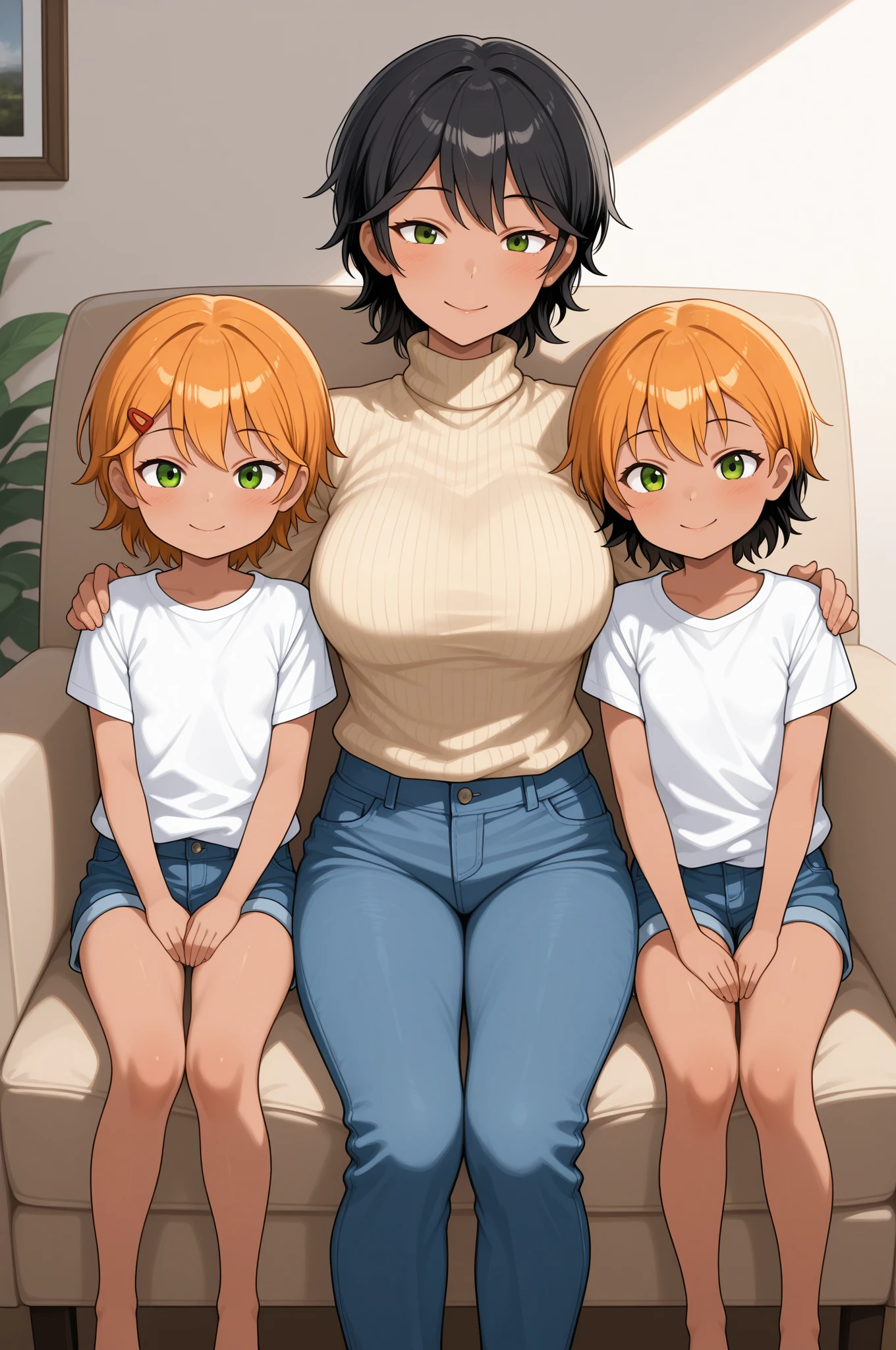three sexy women looking down at 4 years old boy with blonde hair and shorts, flirtatious smiles, women have auburn hair