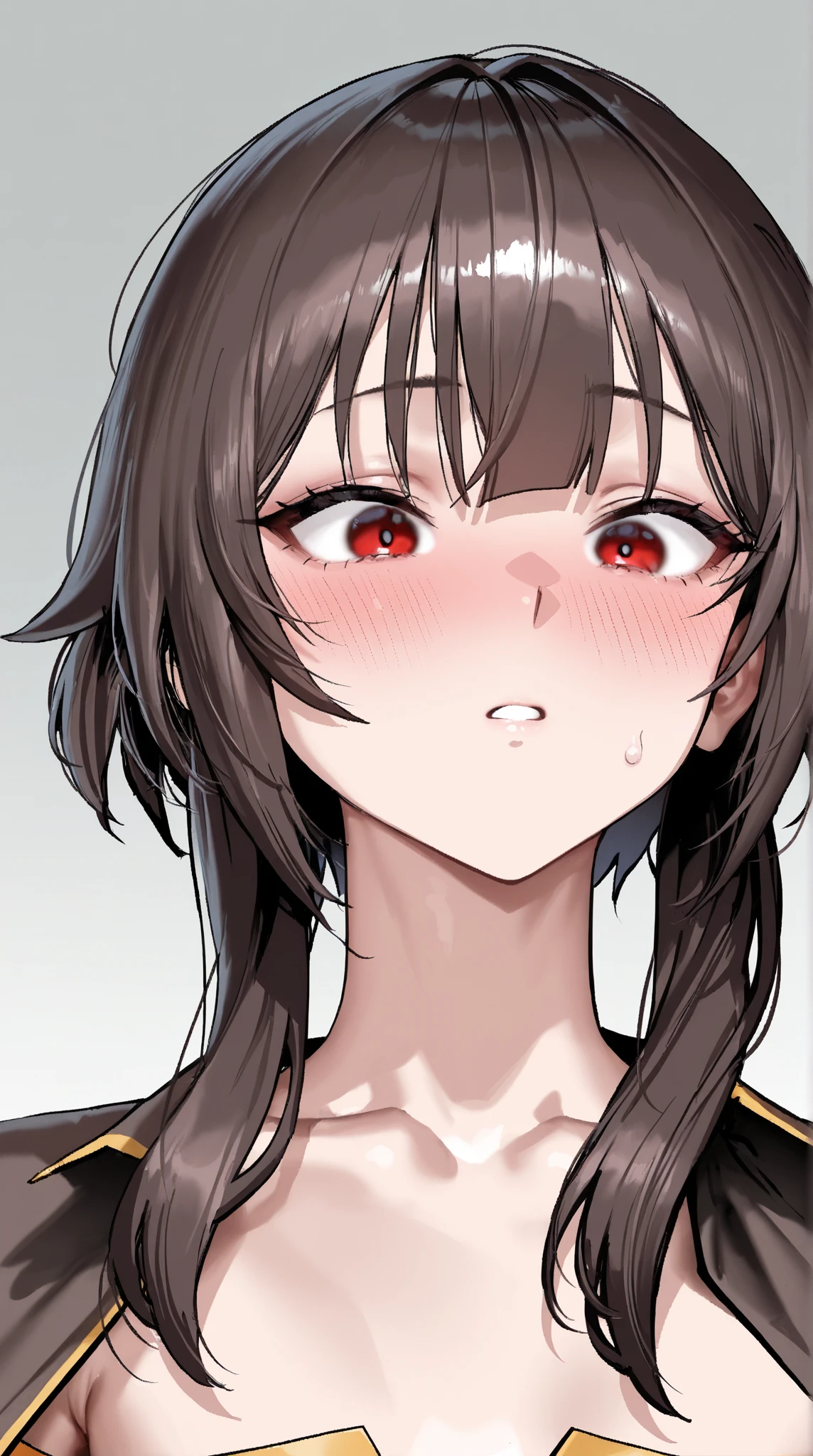 Anime, 1 girl, sprCamilla, hair over one eye, kimtag, red student uniform, crimson colored hair, huge fuzzy hairstyle, busty, deep cleavage, genetics's high , firm strong body, expressive eye, perfect anatomy