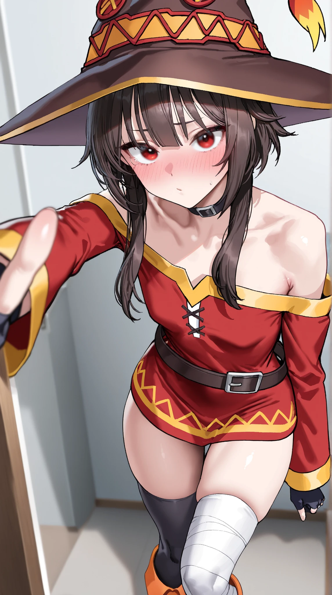 (Obra maestra, mejor calidad, antecedentes detallados, detalles intrincados), 1 chica, Megumin, short brown hair, vestido, red vestido, tiene, witch tiene, belt, gargantilla,1girl, duct tape, wrapped around mouth, silver, gagged, improvised gag, tape gagged, bound, bound chest, bound arms, restraint, tied up, arms behind back, strapped with belts
