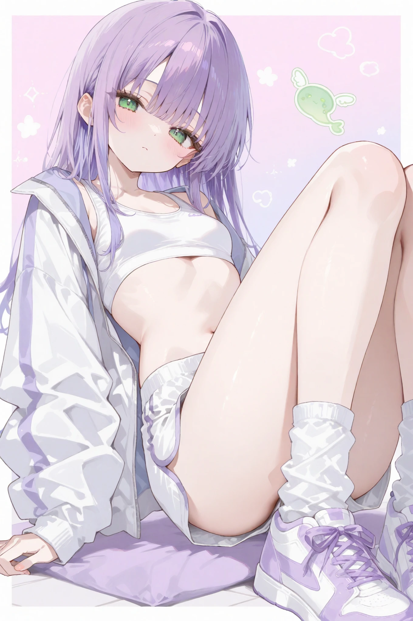 1girl, Atsuko (Blue Archive), masterpiece, best quality, 4K, a girl, shy, embarrassed, flushed, flushing, flushed cheeks, flushed face, bashful, ashamed, blushing, neutral, expressionless, sitting, sitting on the floor, legs spread, looking at viewer, long hair, purple hair, red eyes, tareme, droopy eyes, pale skin, fair skin, beautiful breasts, off shoulder, undone clothing, underwear, hairband, white background, no background, cowboy shot, macro shot, from below, low angle shot, dutch angle shot, dynamic angle, golden ratio