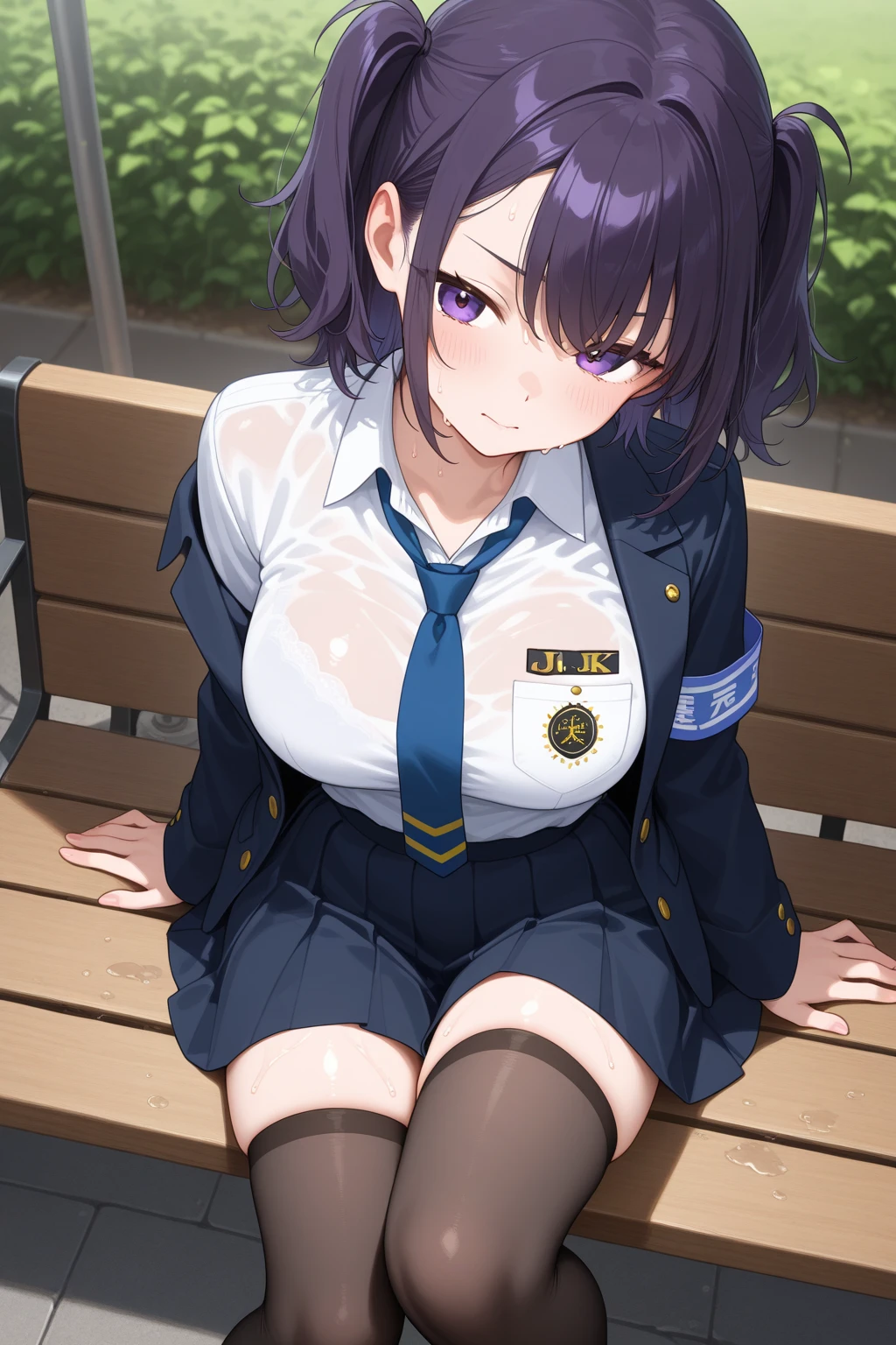 ((anime:1.5)),,((best quality)), ((highly detailed)),((sketch)) extremely detailed face, beautiful face,((1girl)),((solo)),shiny skin,((full body:)), shizurin, shizuka rin, , yellow eyes, pleated skirt, short hair, blazer, blue hair, long sleeves,bangs, purple bowtie, collared shirt, black skirt, sweater, blue jacket, miniskirt
(huge breasts:),(((skirt lift:1.35))),((thick thighs)),((curvy:1.05))
(((pussy:1.35))),((nose blush:1.45)),,,(bad mood:),open mouth,:d,(looking at viewer:1.25),BREAK ((park ,bench:1.35)),((sit on bench:1.35)),((sitting:1.35))outdoors,,BREAK ((spread legs:1.45)),((socks:1.15)),BREAK  ((dark brown footwear)),arms behind back,((from below))