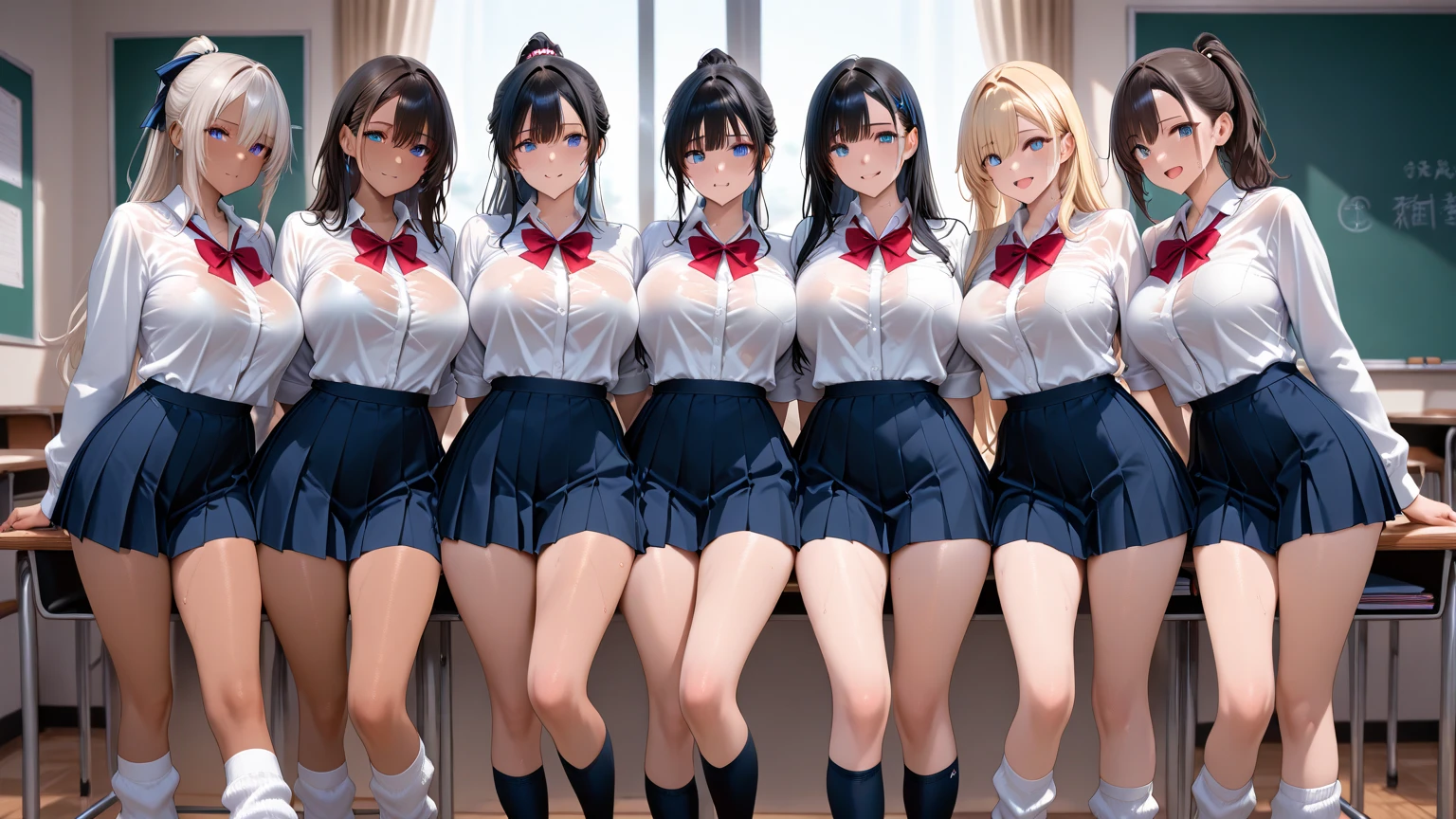 masterpiece, Highest quality, In detail, 5, (beautiful girl), cute, (tits), (A group of high school girls lift their skirts to show their pussies), No panties, multiple, (I'm inviting you to have sex)